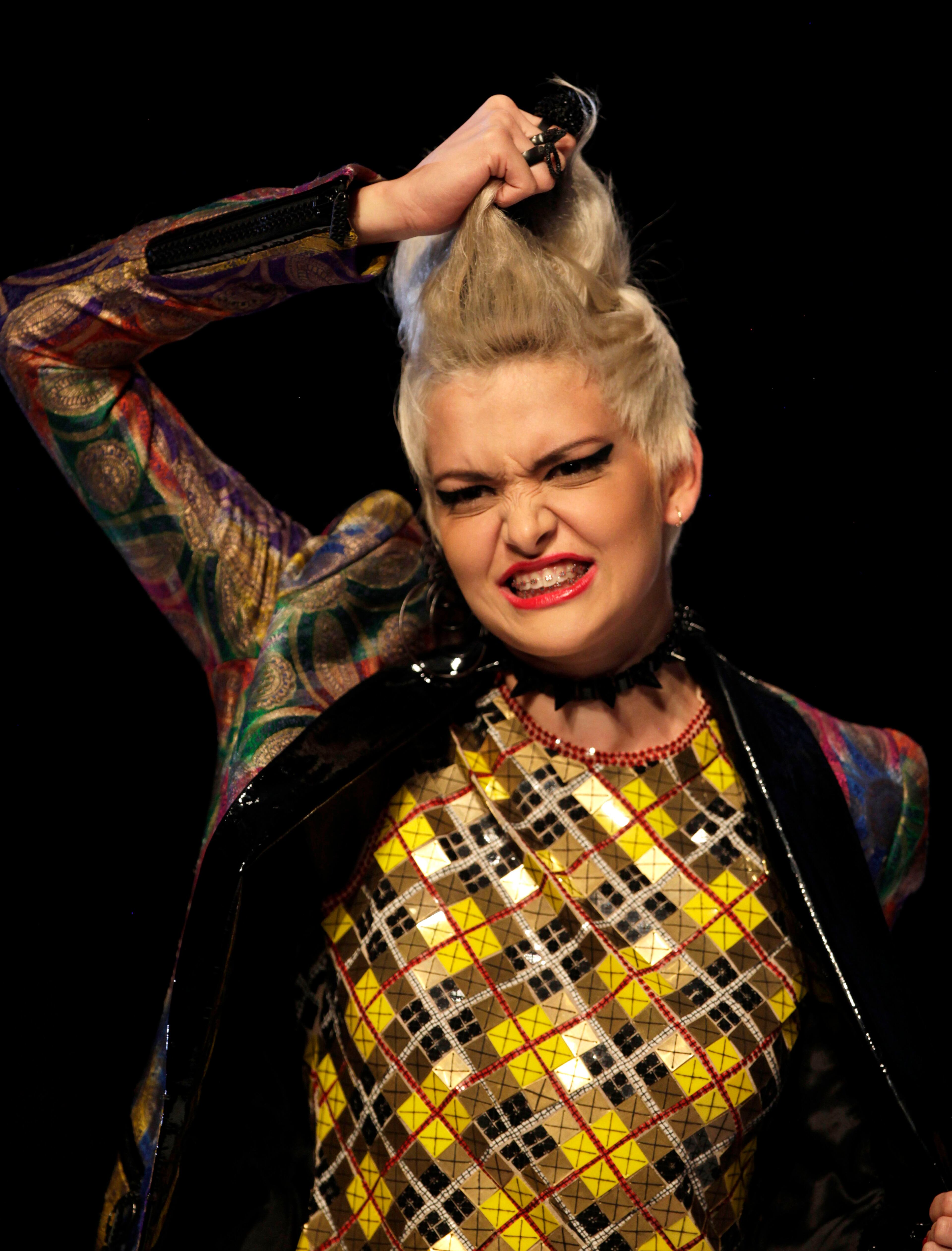 A model displays a creation by the French designer Jean Paul Gaultier during the Cali Exposhow fashion week in Cali, Colombia, Wednesday, Oct. 17, 2012.
