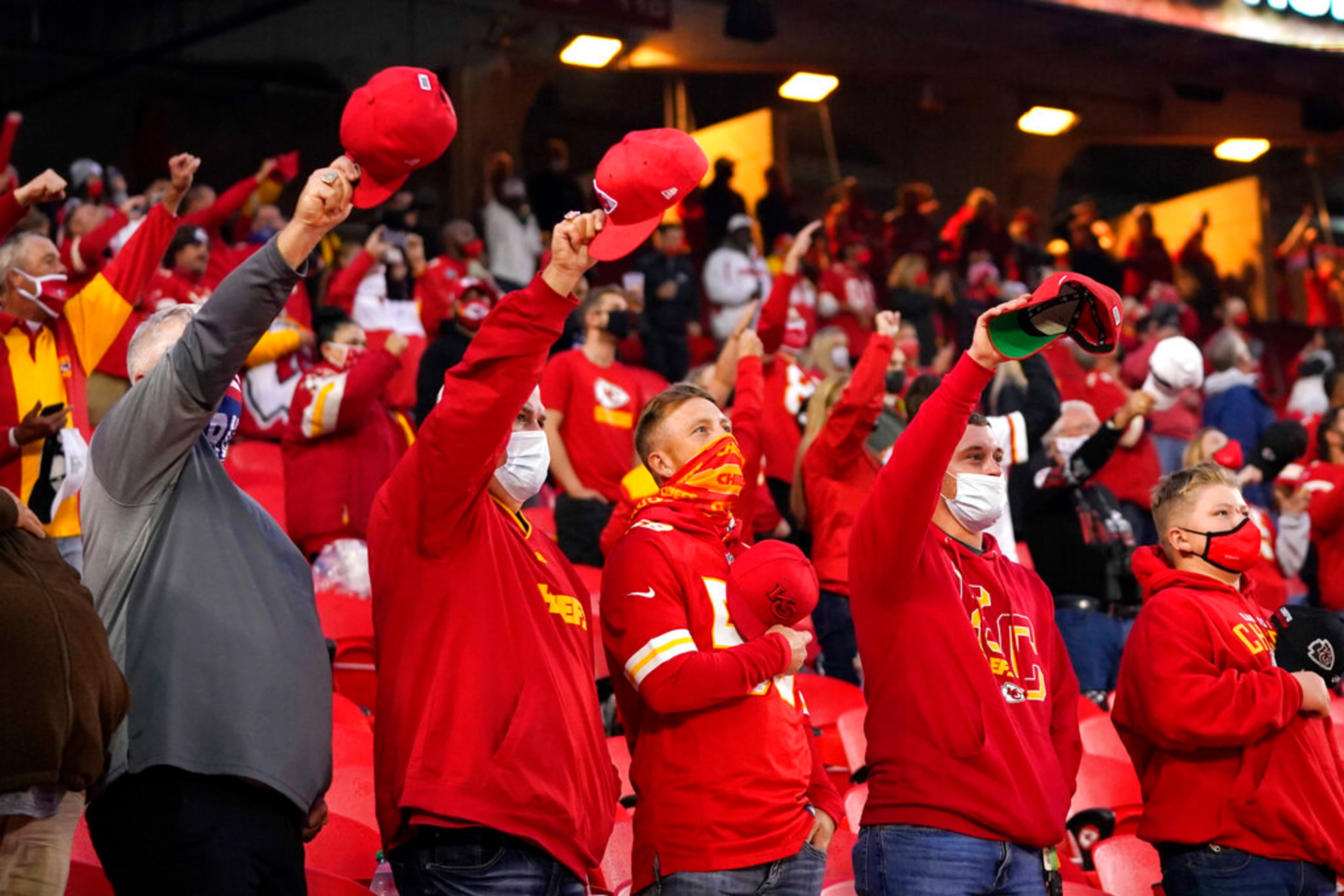 Kansas City Chiefs fans cheer before an NFL football game between the Chiefs and the Houston Texans Thursday, Sept. 10, 2020, in Kansas City, Mo. (AP Photo/Jeff Roberson)
