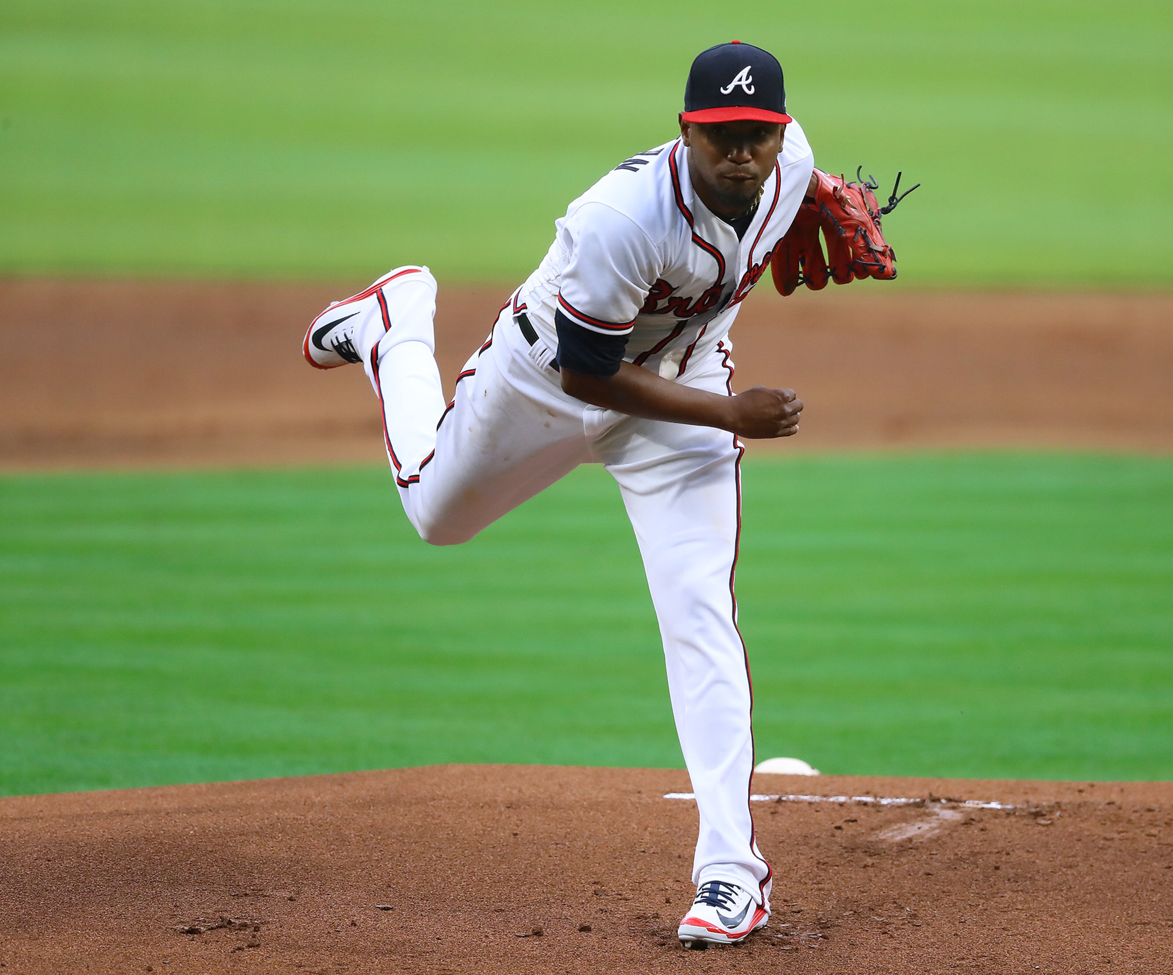 March 29, 2018 Atlanta: Braves pitcher Julio Teheran delivers a pitch to the Phillies during the first inning in a MLB baseball home opening game on Thursday, March 29, 2018, in Atlanta. Curtis Compton/ccompton@ajc.com