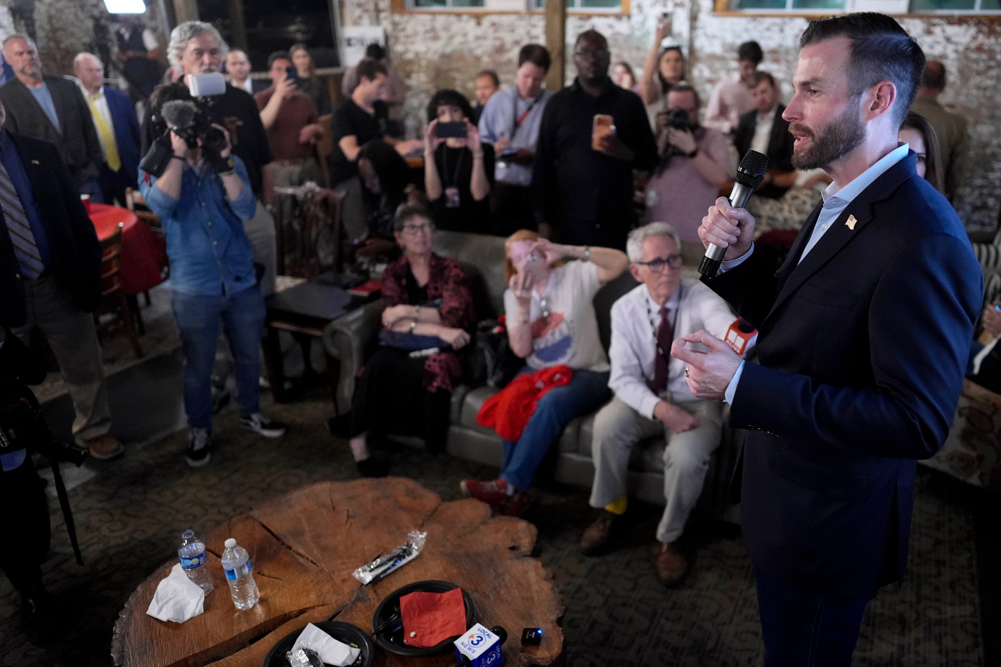 Republican Clay Fuller speaks to supporters after learning he would advance to a runoff election during an election night watch party, Tuesday, March 10, 2026, in Rome, Ga. (Mike Stewart/AP)