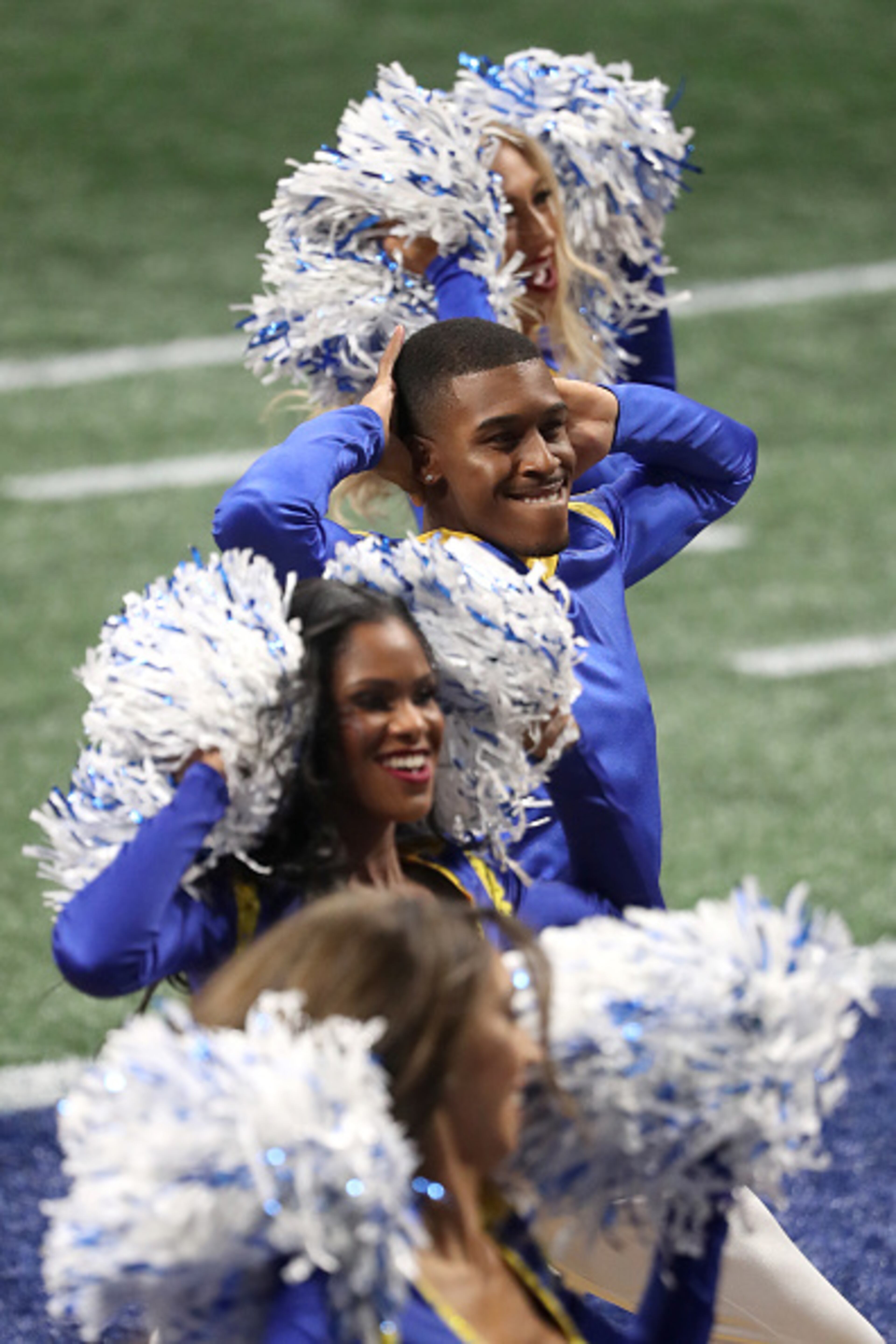 ATLANTA, GEORGIA - FEBRUARY 03: A Los Angeles Rams cheerleader performs in the third quarter during Super Bowl LIII against the New England Patriots at Mercedes-Benz Stadium on February 03, 2019 in Atlanta, Georgia. (Photo by Streeter Lecka/Getty Images)