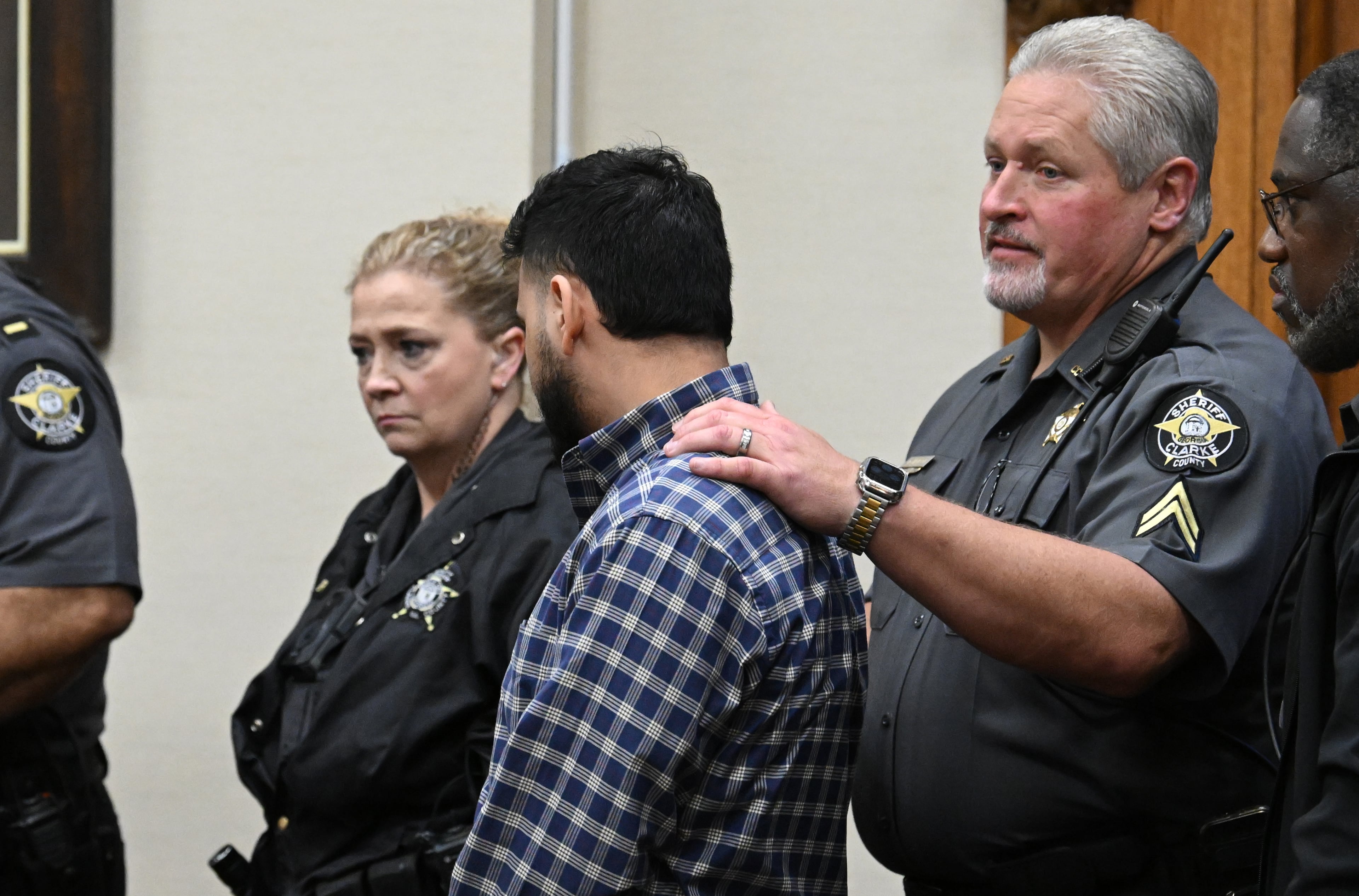 Jose Ibarra is escorted out after he was sentenced to life in prison without the possibility of parole during a trial of Jose Ibarra at Athens-Clarke County Superior Court, Wednesday, November 20, 2024, in Athens. Jose Ibarra was found guilty of murder Wednesday in the February killing of nursing student Laken Riley on the University of Georgia campus. He was sentenced to life in prison without the possibility of parole. (Hyosub Shin / AJC)