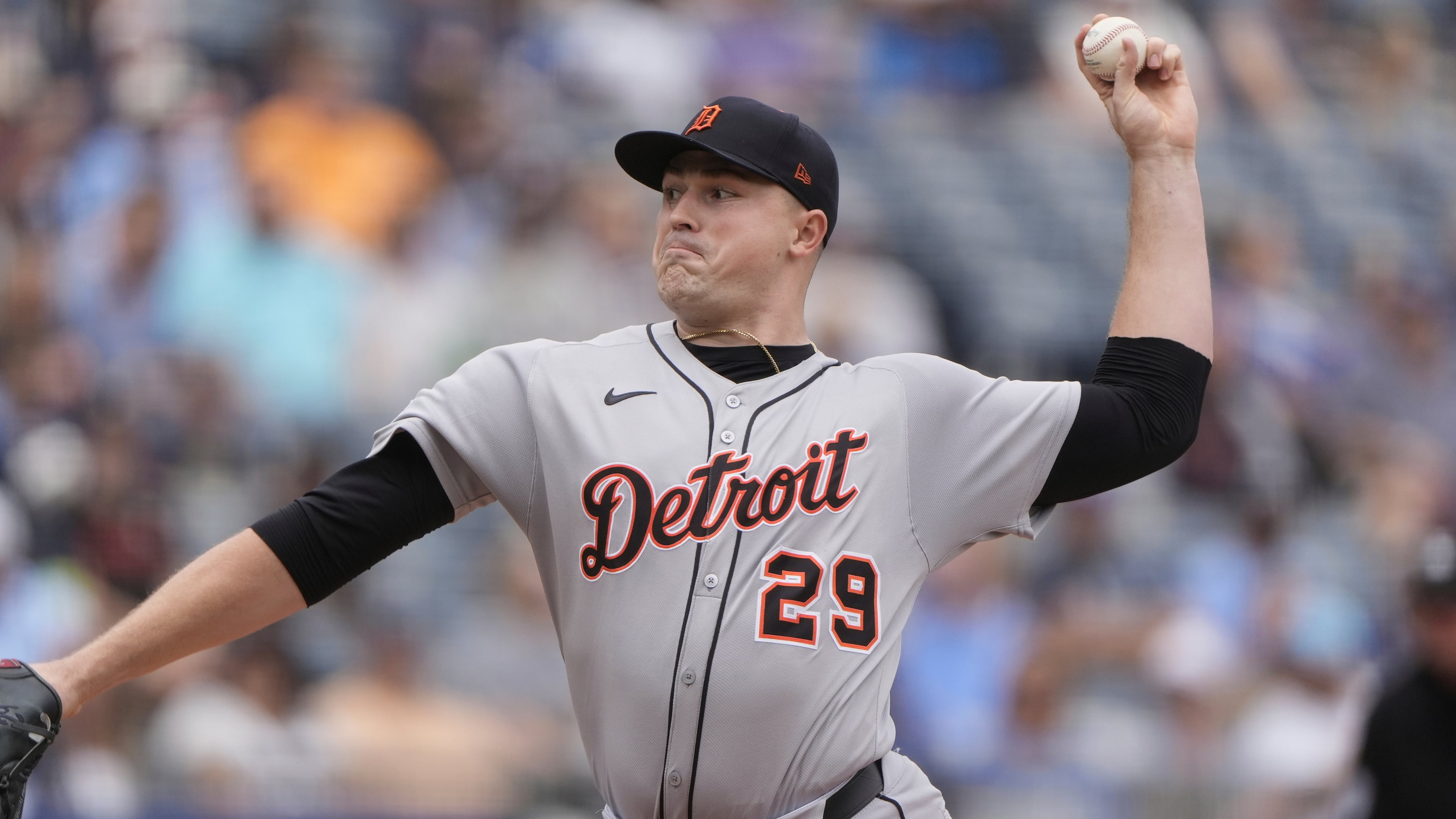 FILE - Detroit Tigers starting pitcher Tarik Skubal throws during the first inning of a baseball game against the Detroit Tigers, Aug. 31, 2025, in Kansas City, Mo. (AP Photo/Charlie Riedel, file)