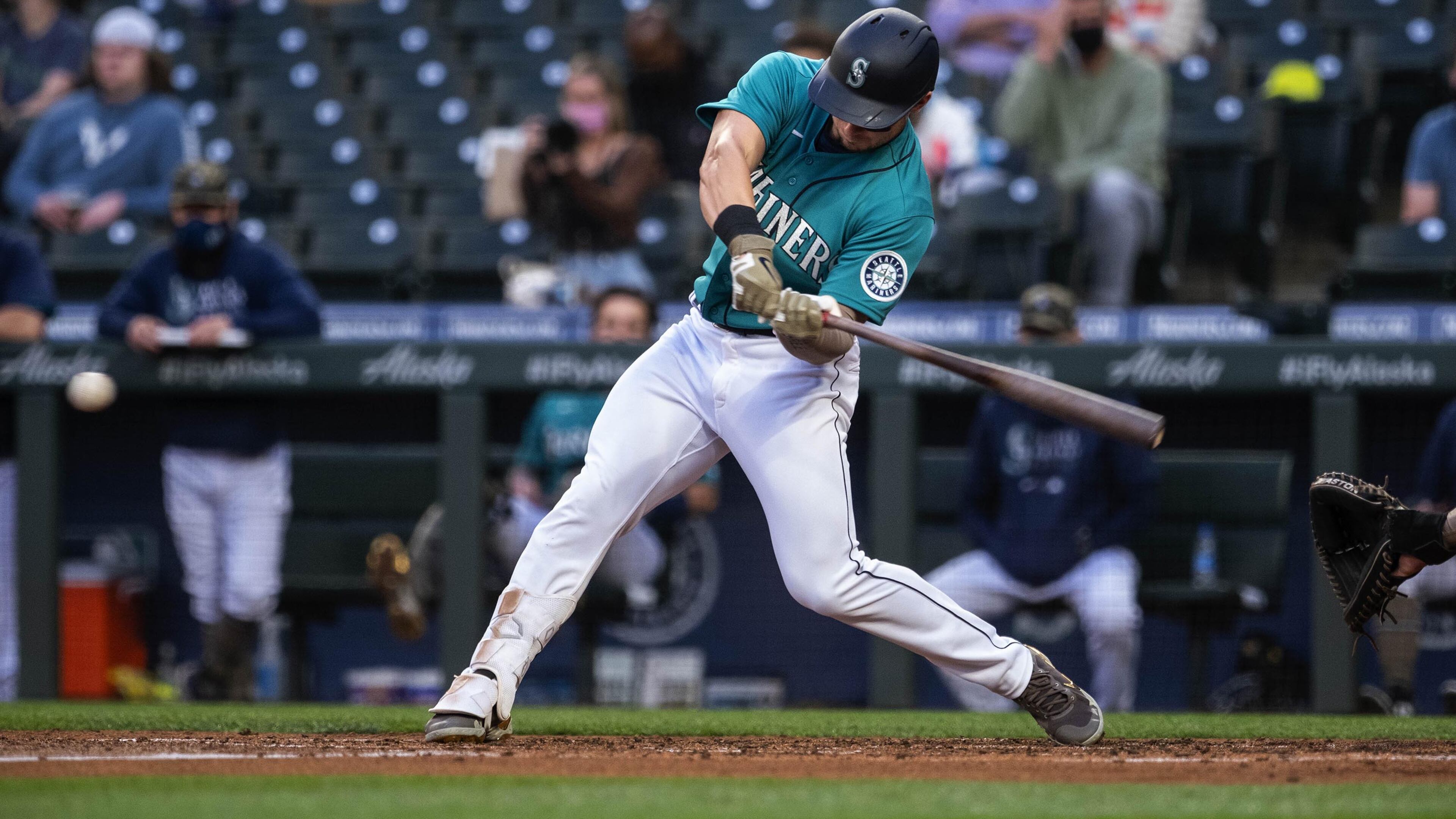 The Seattle Mariners' Jarred Kelenic launches his first major League home run, off Cleveland starter Aaron Civale in the third inning on Friday, May 14, 2021, at T-Mobile Park in Seattle. (Dean Rutz/Seattle Times/TNS)