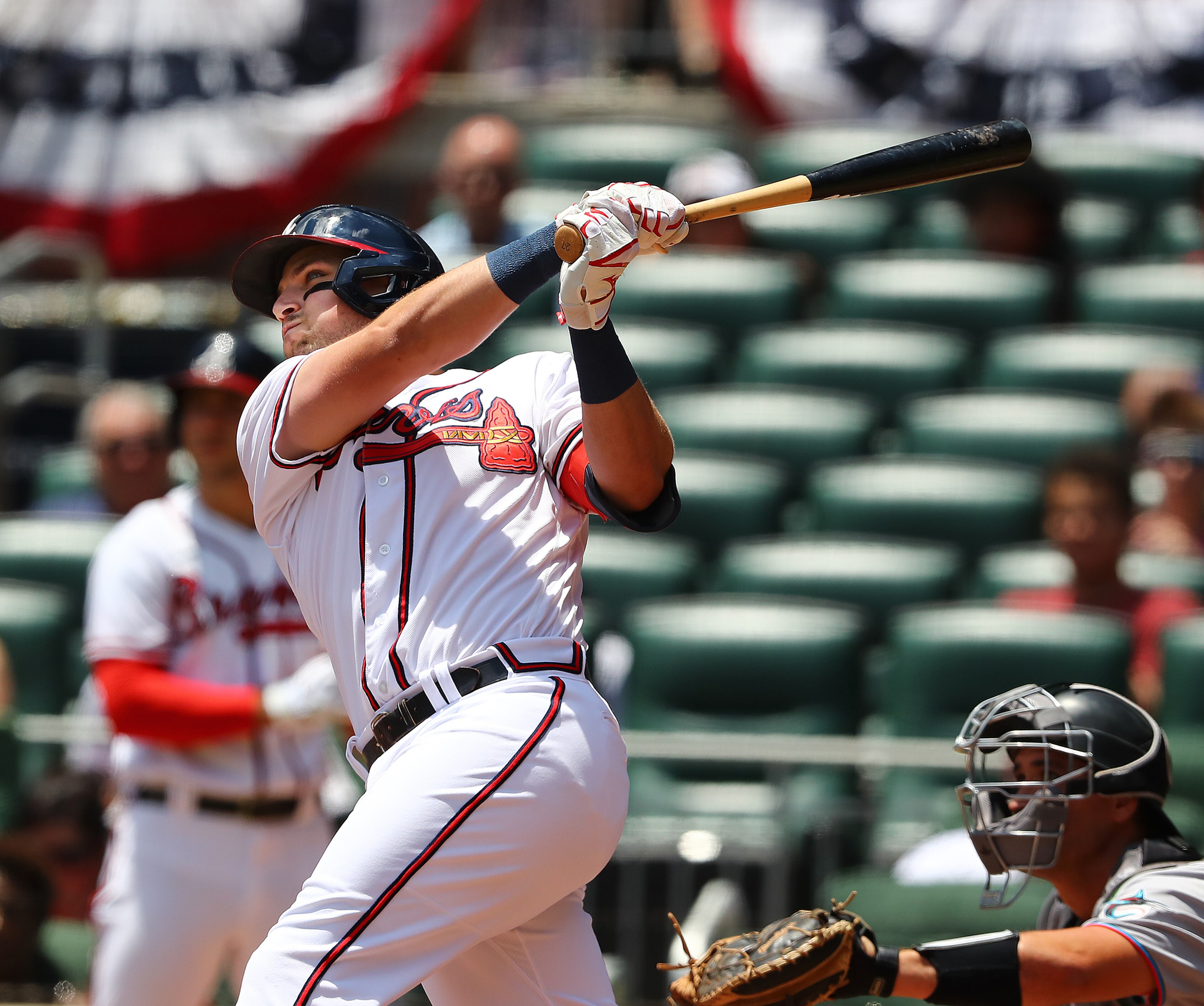 Atlanta Braves third baseman Austin Riley hits a solo homer to take a 2-1 lead over the Miami Marlins during the first inning of a MLB baseball game on Sunday, May 29, 2022, in Atlanta. “Curtis Compton / Curtis.Compton@ajc.com”