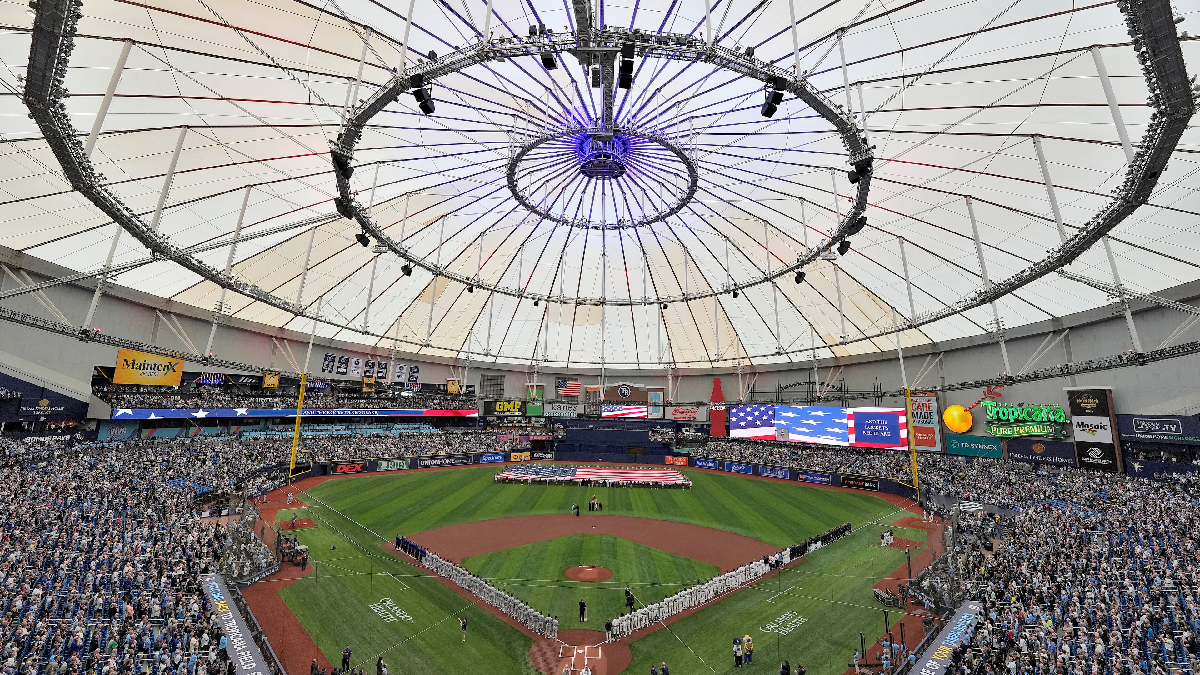 Country musician Eric Church sings the National Anthem before a baseball game between the Tampa Bay Rays and the Chicago Cubs Monday, April 6, 2026, in St. Petersburg, Fla. (AP Photo/Chris O'Meara)
