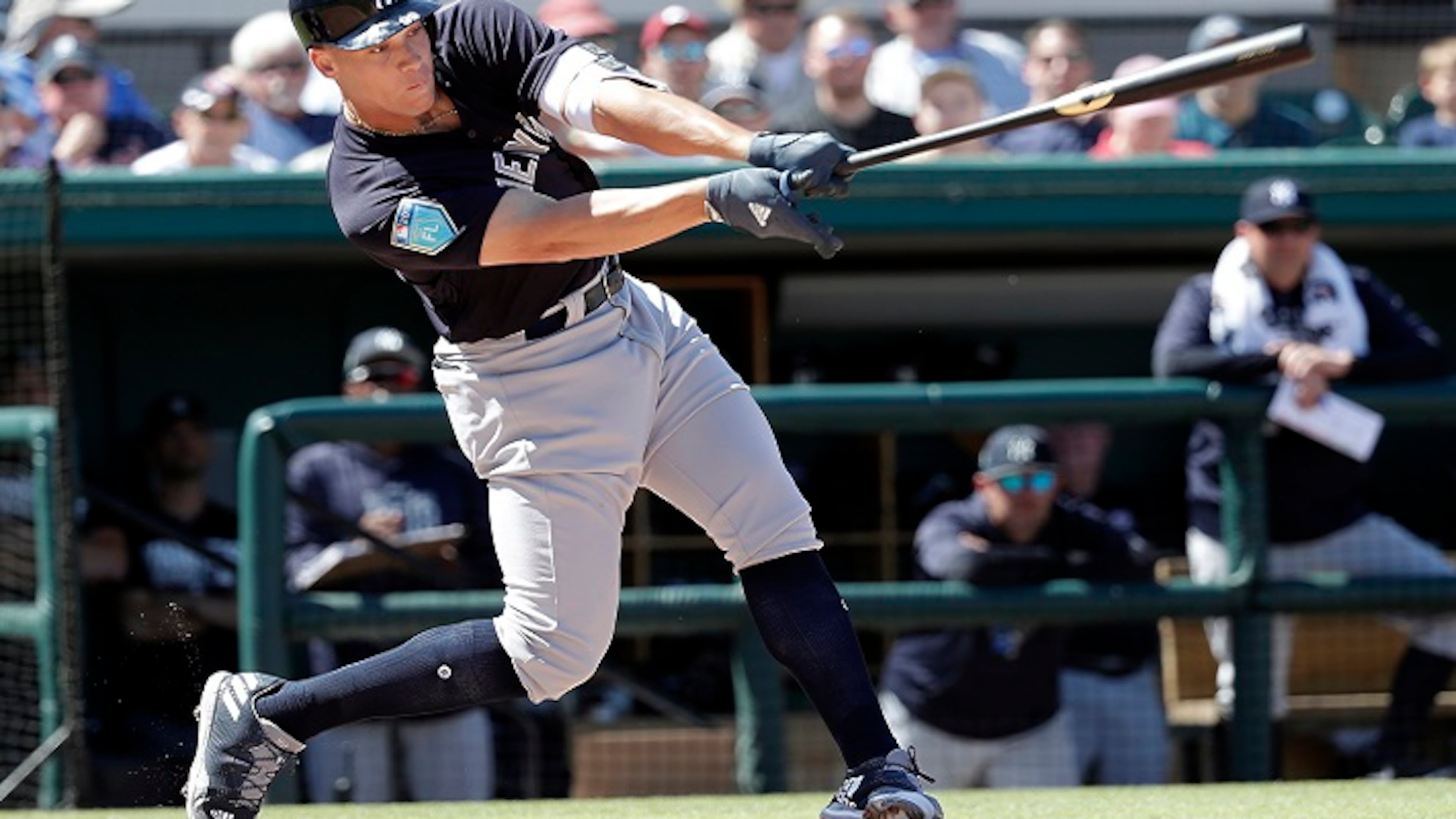 New York Yankees' Aaron Judge bats against the Detroit Tigers in the third inning of a spring baseball exhibition game, Tuesday,March 6, 2018, in Lakeland, Fla. (AP Photo/John Raoux)