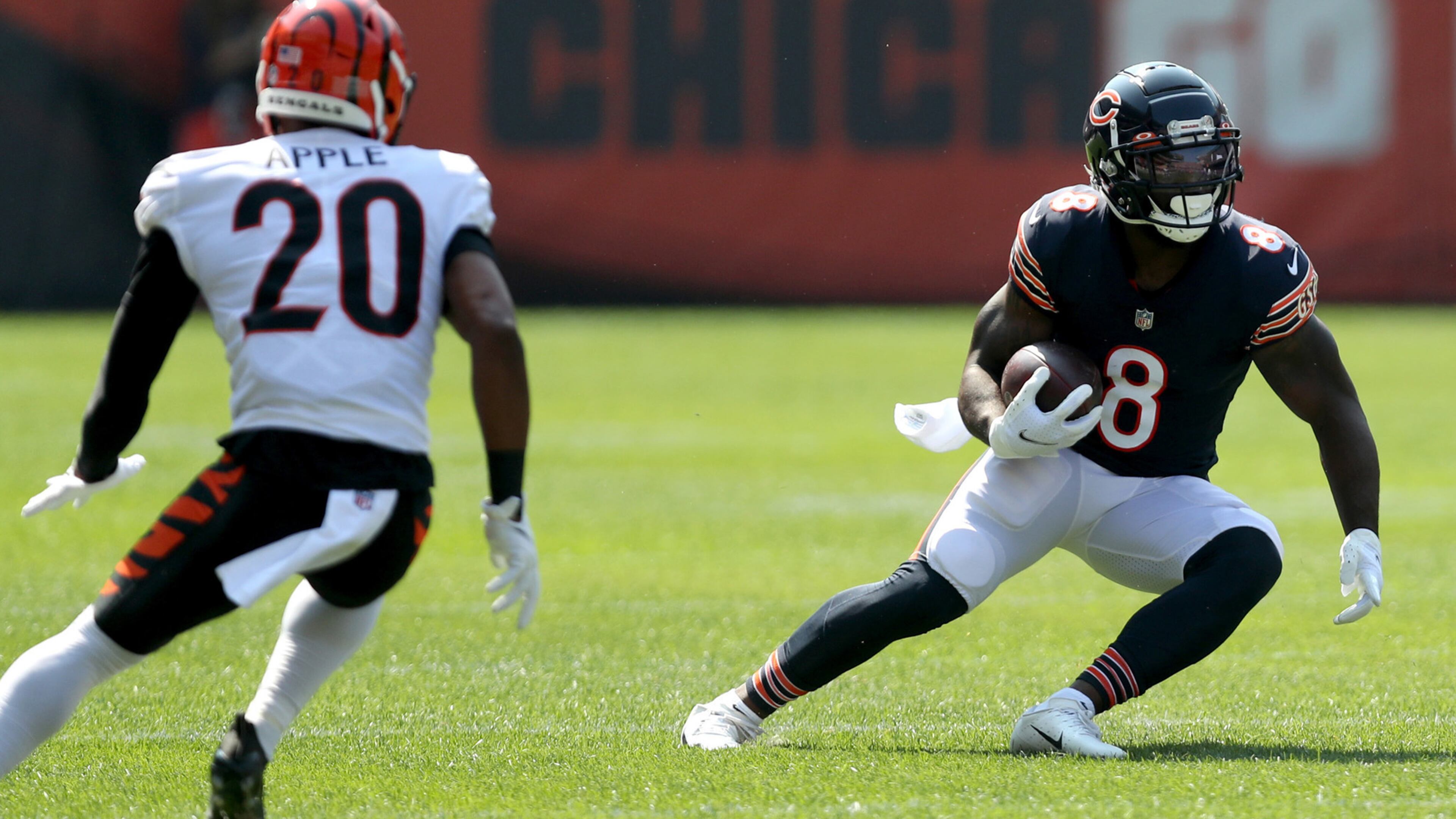Chicago Bears running back Damien Williams (8) makes a move after a first quarter reception against the Cincinnati Bengals at Soldier Field in Chicago on Sunday, September 19, 2021. (Chris Sweda/Chicago Tribune/TNS)