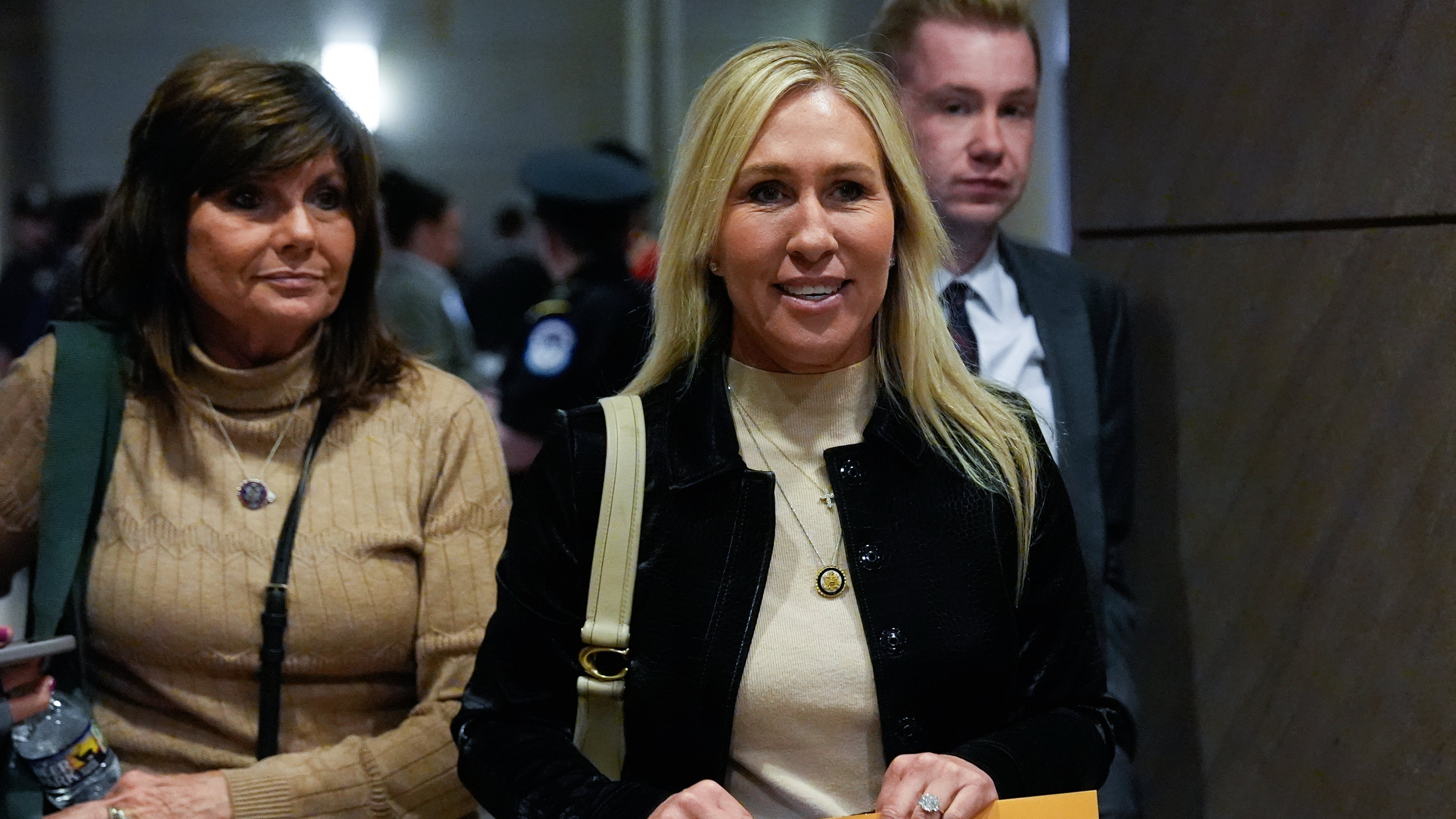 Rep. Marjorie Taylor Greene, R-Ga., departs a briefing on military strikes near Venezuela, Tuesday, Dec. 16, 2025, at the Capitol in Washington. (AP Photo/Julia Demaree Nikhinson)