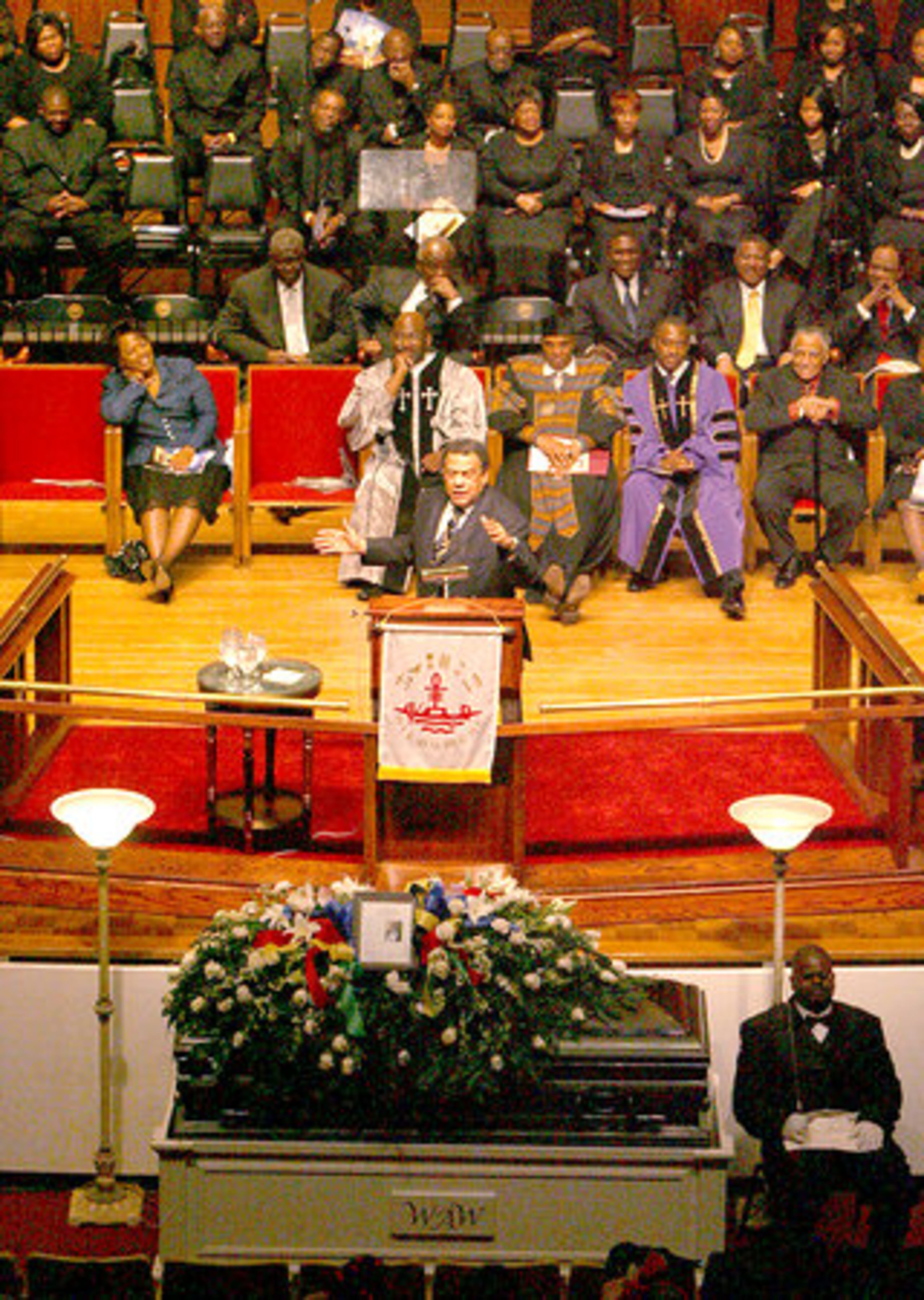 Former Atlanta Mayor Andrew Young speaks during the service. Young named Orange as one of the "real soldiers of the movement ... a gentle giant" in 1993.