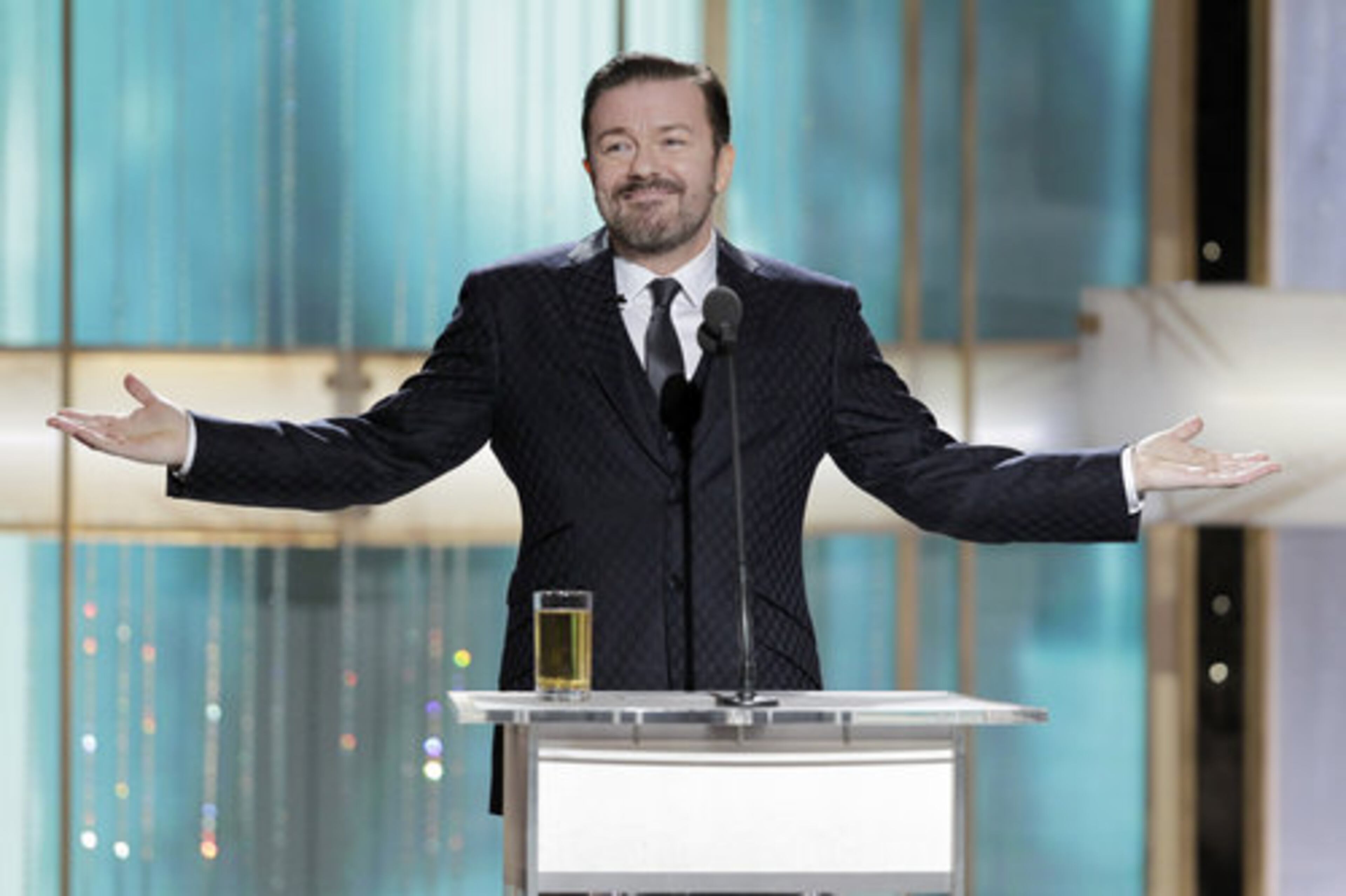 In this publicity image released by NBC, host Ricky Gervais is shown during the 68th Annual Golden Globe Awards, Sunday, Jan. 16, 2011 in Beverly Hills, Calif.