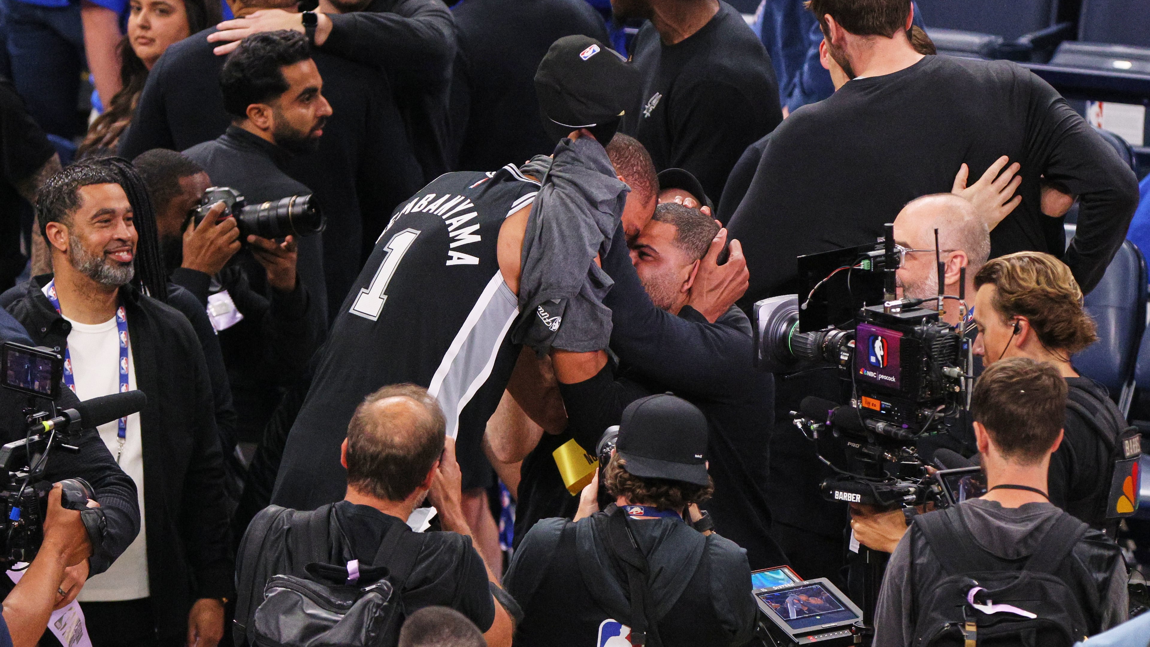 San Antonio Spurs forward Victor Wembanyama celebrates after defeating the Oklahoma City Thunder in Game 7 of the Western Conference finals of the NBA basketball playoffs series Saturday, May 30, 2026, in Oklahoma City. (AP Photo/Nate Billings)