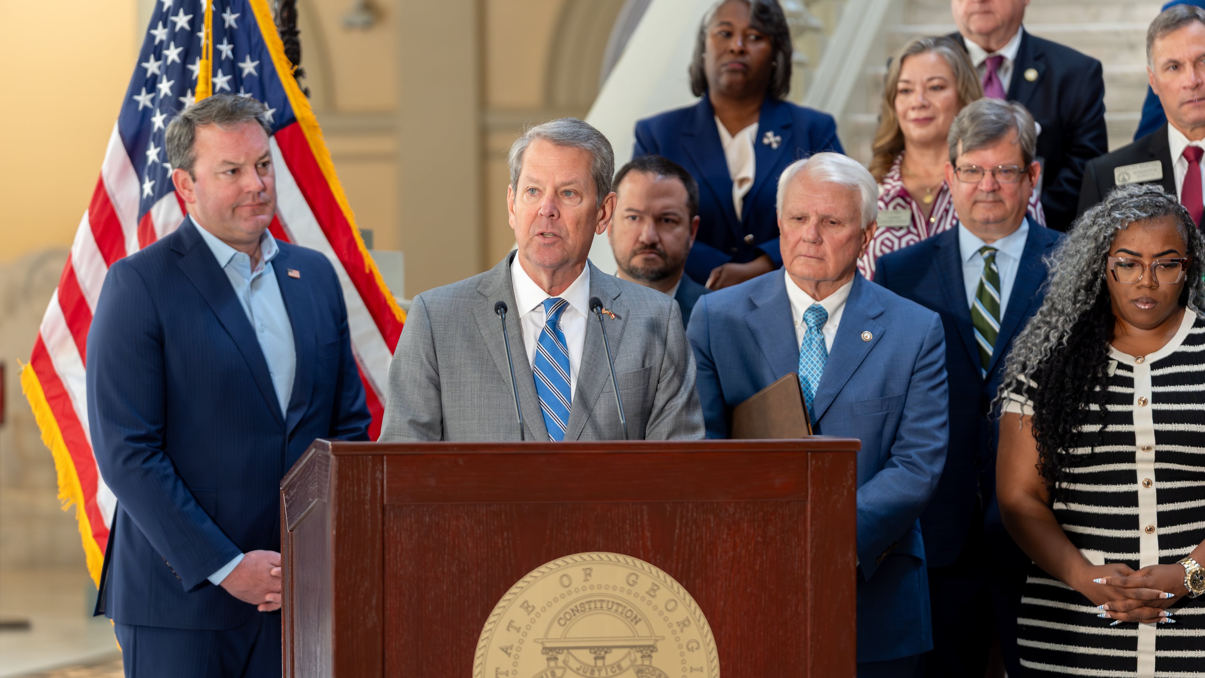 Gov. Brian Kemp speaks before signing multiple pieces of legislation inside the Georgia state Capitol on Monday. (Ben Hendren for the AJC)