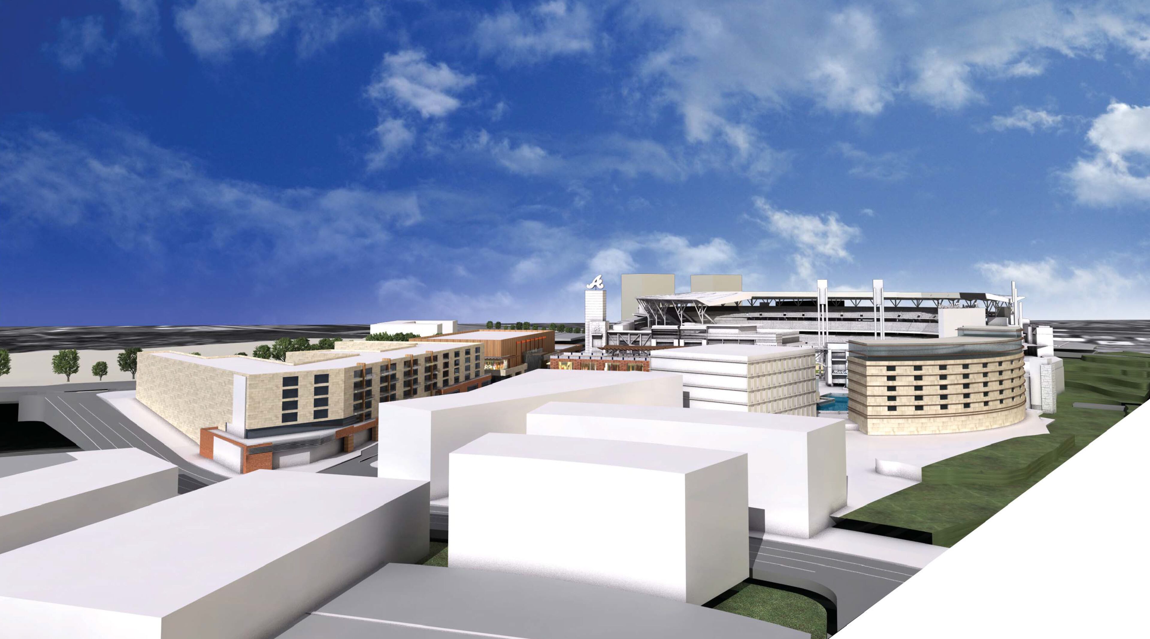 The Braves’ aim is to create a profitable, 74-acre mix of retailers, restaurants, offices, hotels and residences around the ballpark, near Cumberland Mall in the hopes that such a complex will draw guests not just to the team’s 81 regular season games, but throughout the year. These illustrations are to provide a sense of the scale of elements on the site and do not reflect final design of the actual buildings.