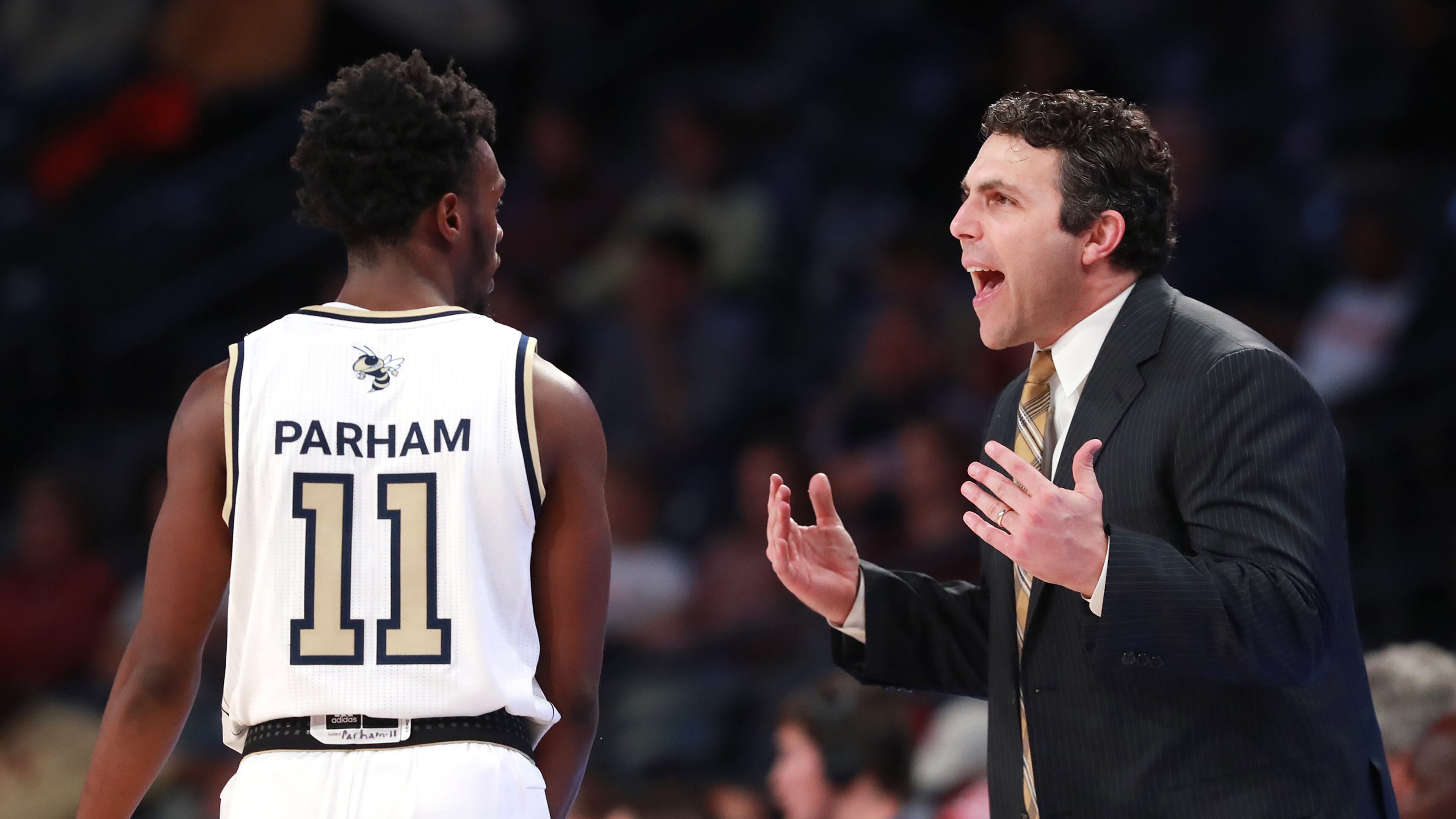 November 11, 2019 Atlanta: Georgia Tech head coach Josh Pastner coaches up guard Bubba Parham during the second half against Elon in a NCAA college basketball game on Monday, November 11, 2019, in Atlanta. Curtis Compton/ccompton@ajc.com