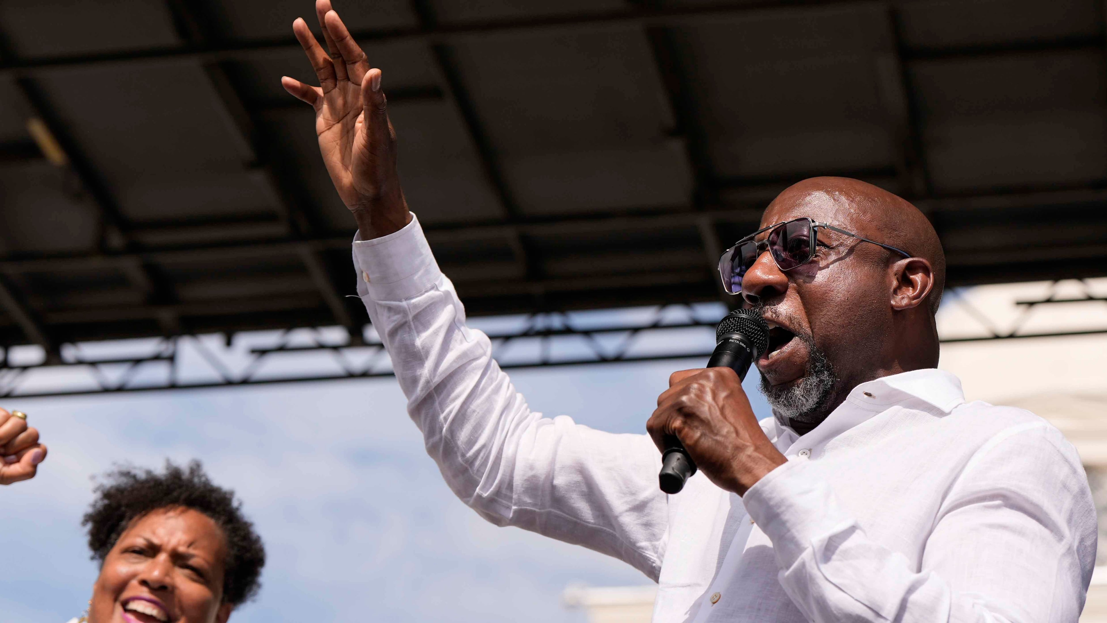 U.S. Sen. Raphael Warnock, D-Ga., rallies the crowd during a voting rights rally in Montgomery, Ala., on Saturday, May 16, 2026. (Mike Stewart/AP)