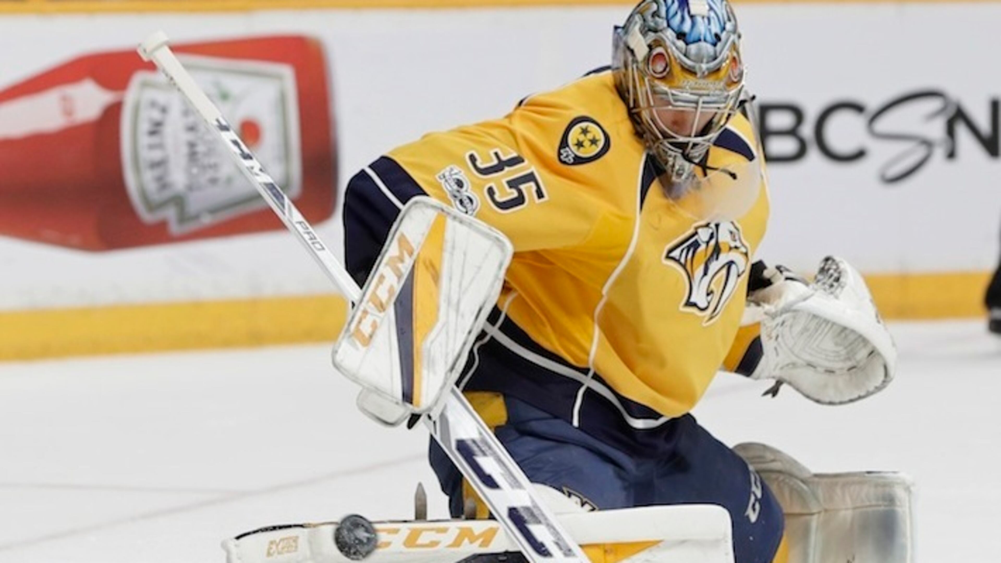 Nashville Predators goalie Pekka Rinne (35), of Finland, stops a shot against the Anaheim Ducks during the first period in Game 6 of the Western Conference final in the NHL hockey Stanley Cup playoffs Monday, May 22, 2017, in Nashville, Tenn. (AP Photo/Mark Humphrey)
