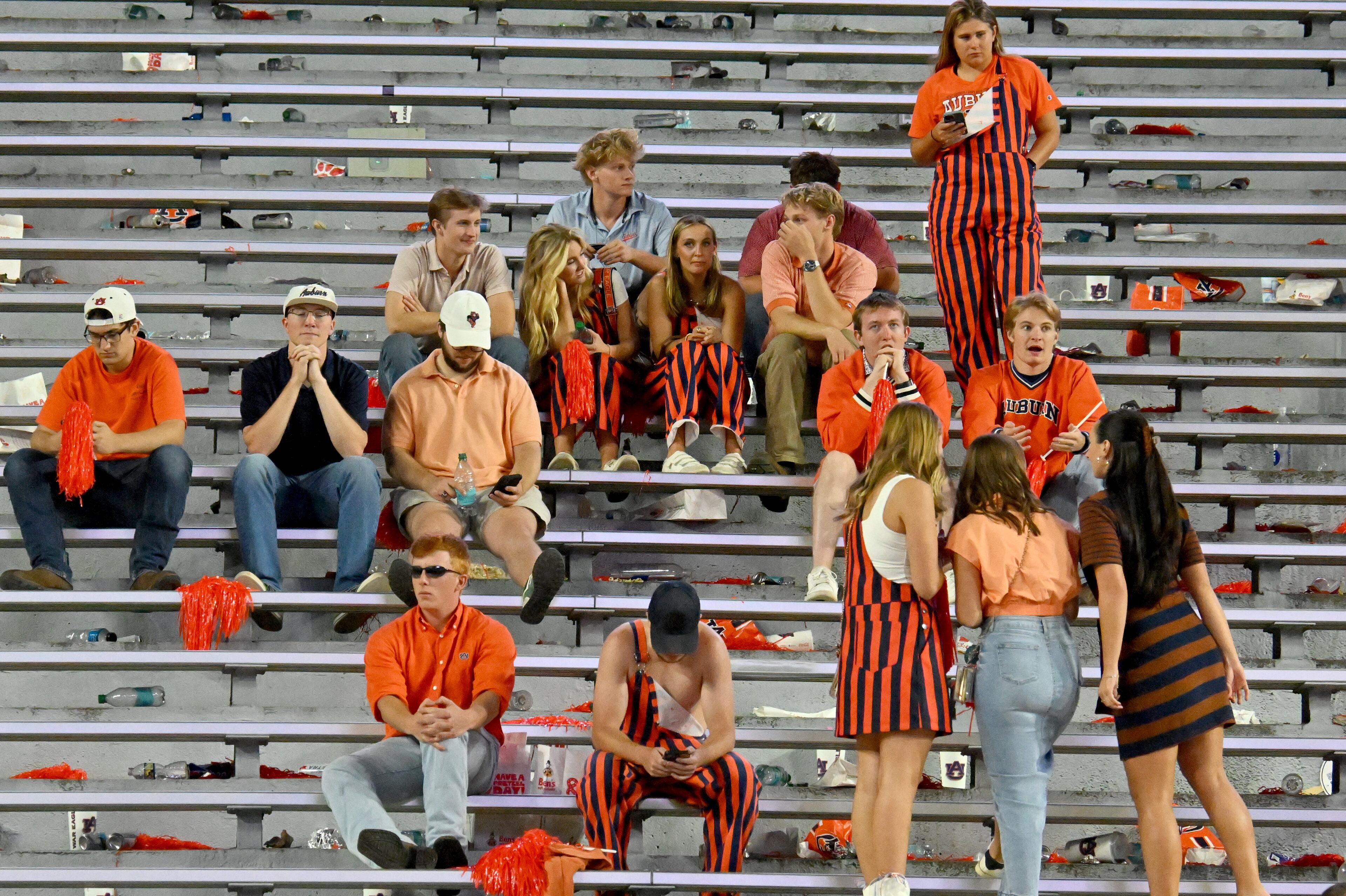 Auburn fans react after Georgia beat Auburn during a NCAA college football game at Jordan-Hare Stadium, Saturday, October 11, 2025, in Auburn, Ala. Georgia won 20-10 overAuburn. (Hyosub Shin / AJC)
