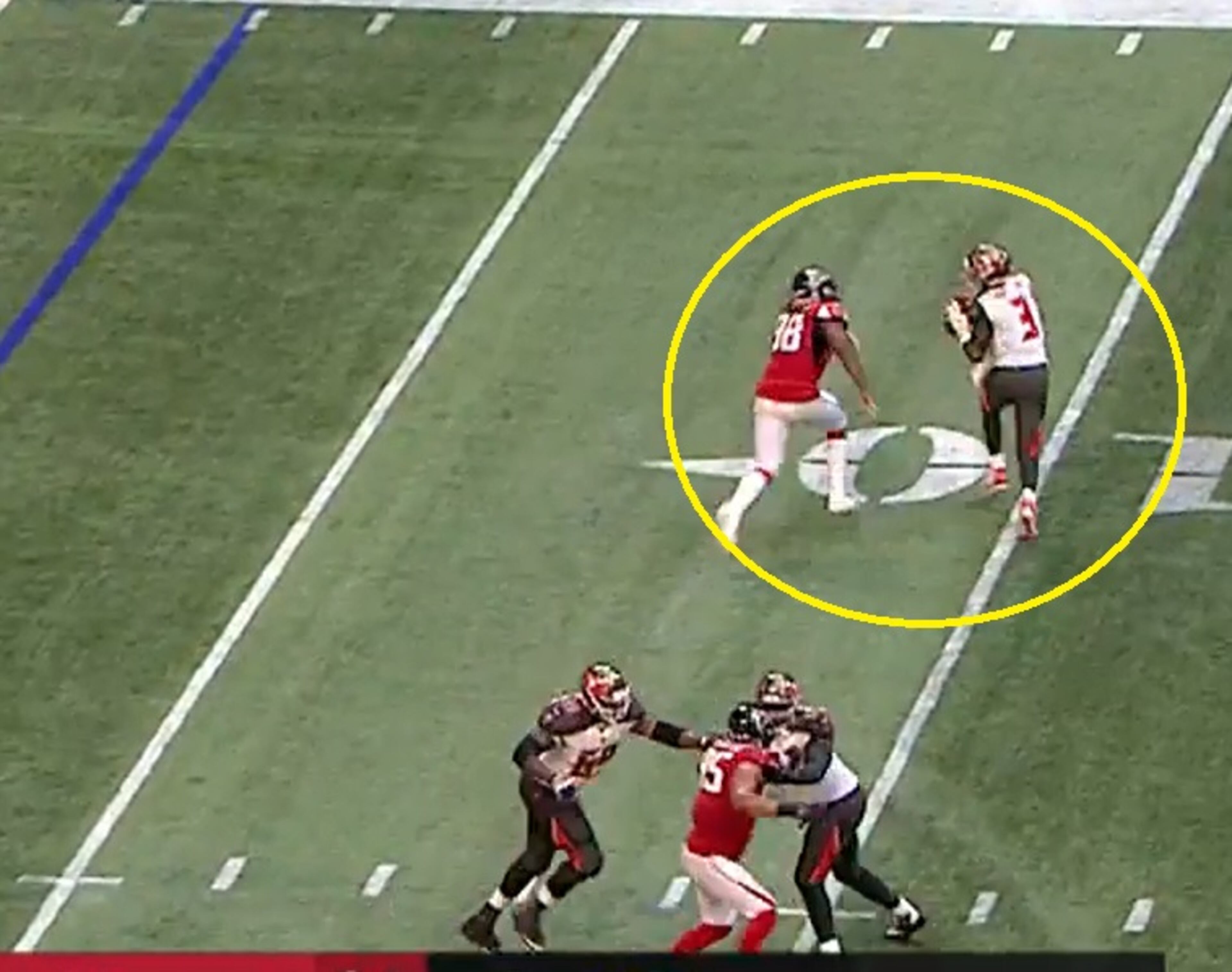 With the score 24-22, Falcons defensive end Takk McKinley chases Bucs quarterback Jameis Winston and forces an incompletion on the two-point conversion attempt.