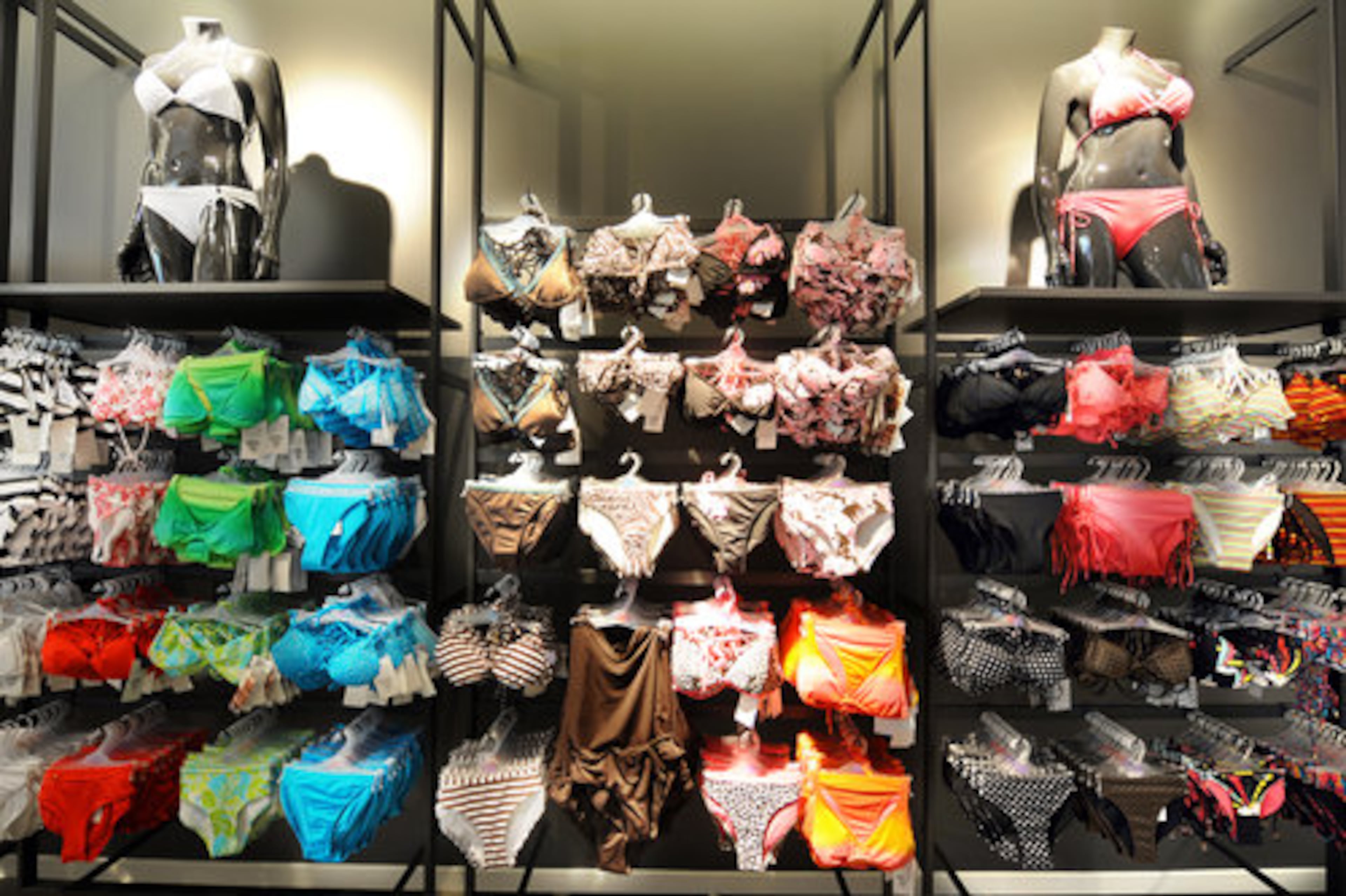 For a special treat, dip into the lingerie room, a section devoted to H&M's line of intimates that includes organic cotton sets like a gray and white striped padded bra with matching boy shorts.