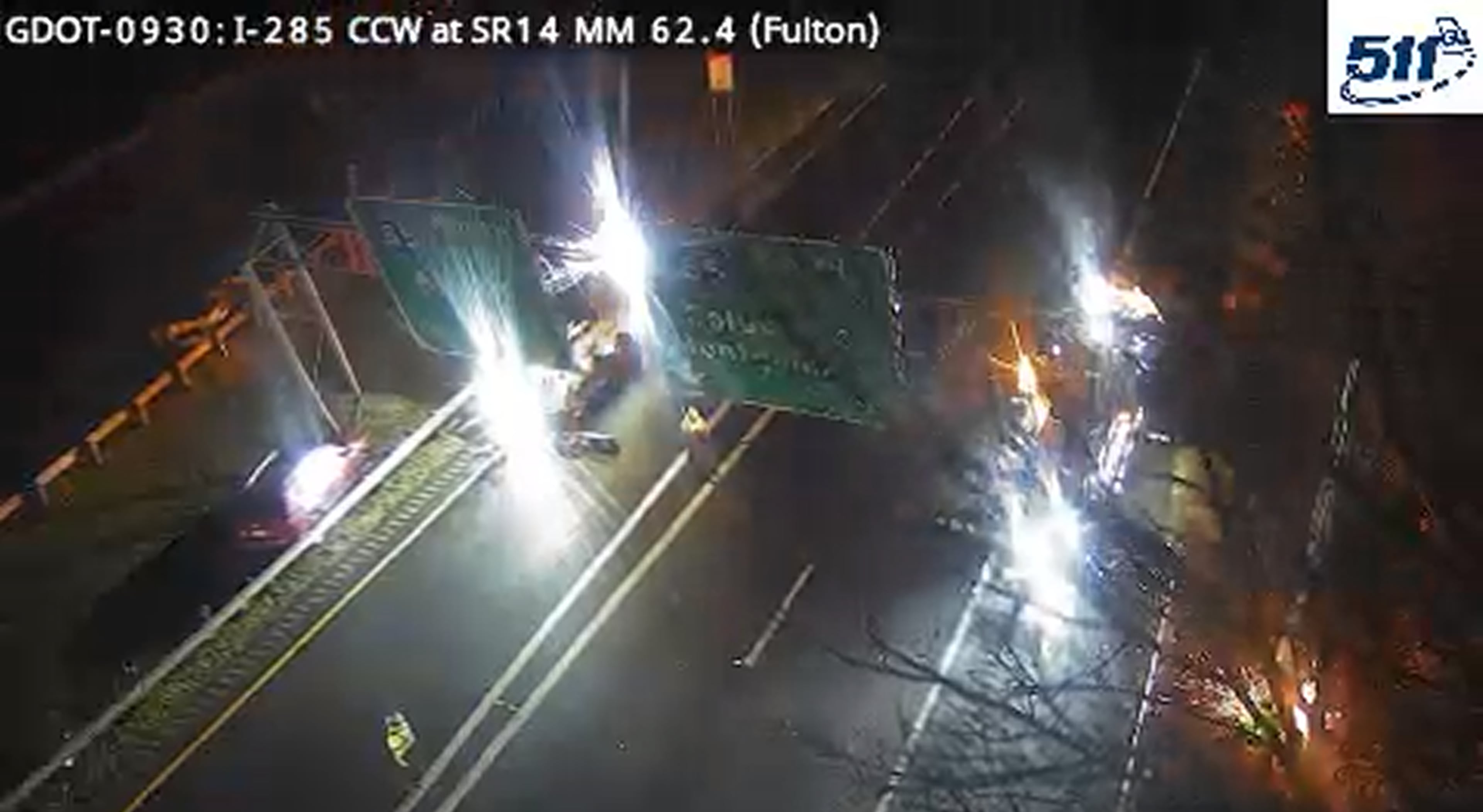 Georgia Department of Transportation workers bring down the sign over the I-285 South ramp to I-85 following a crash early Wednesday, Jan. 14, 2026. (Georgia Department of Transportation)