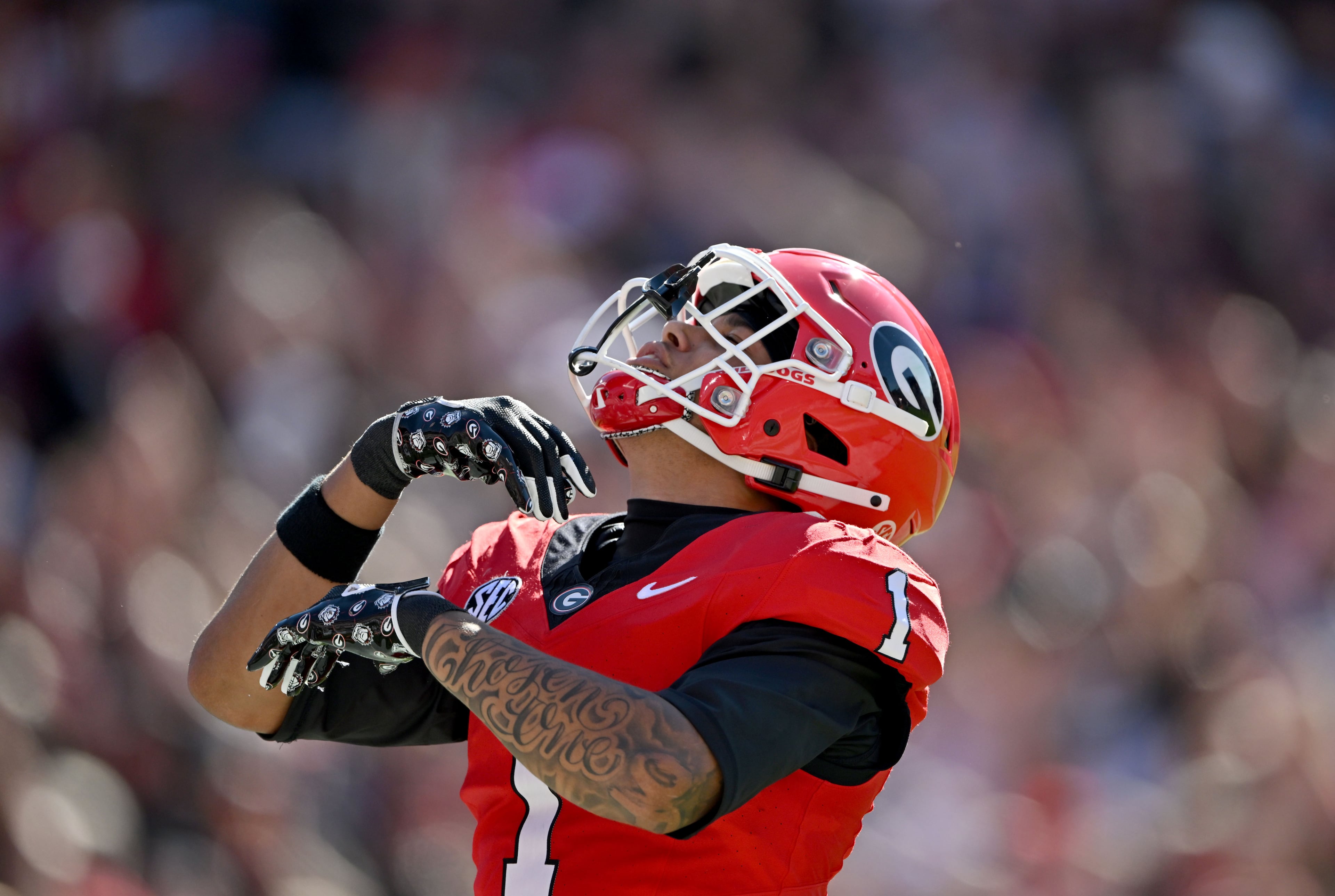Georgia wide receiver Talyn Taylor celebrates after making a touchdown catch during the first half in an NCAA football game against Oklahoma at Sanford Stadium on Saturday, Sept. 26, 2026, in Athens, Ga. (Hyosub Shin/AJC)