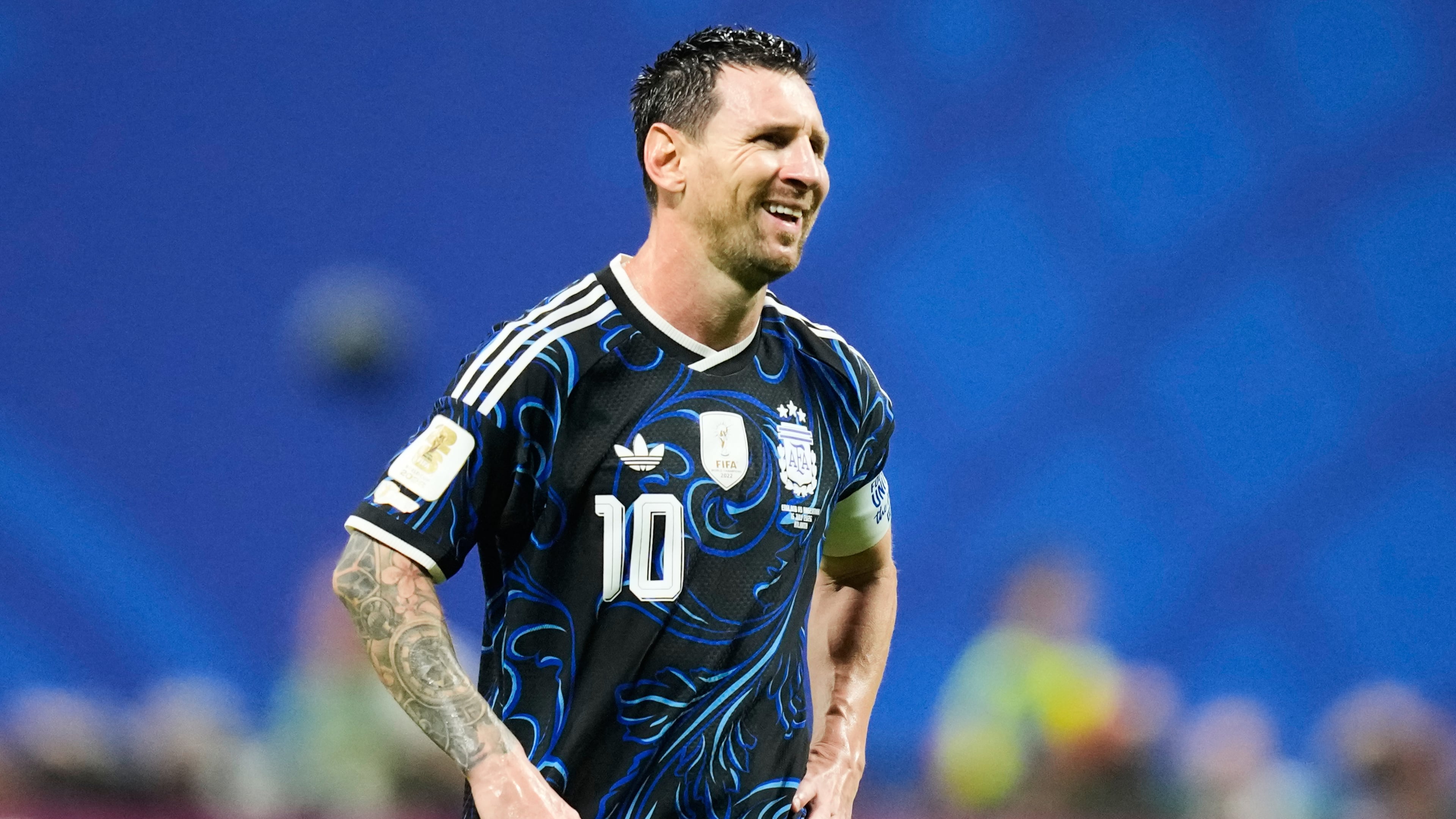 Argentina's Lionel Messi (10) reacts during the World Cup semifinal soccer match between England and Argentina in Atlanta, Wednesday, July 15, 2026. (AP Photo/Rebecca Blackwell)