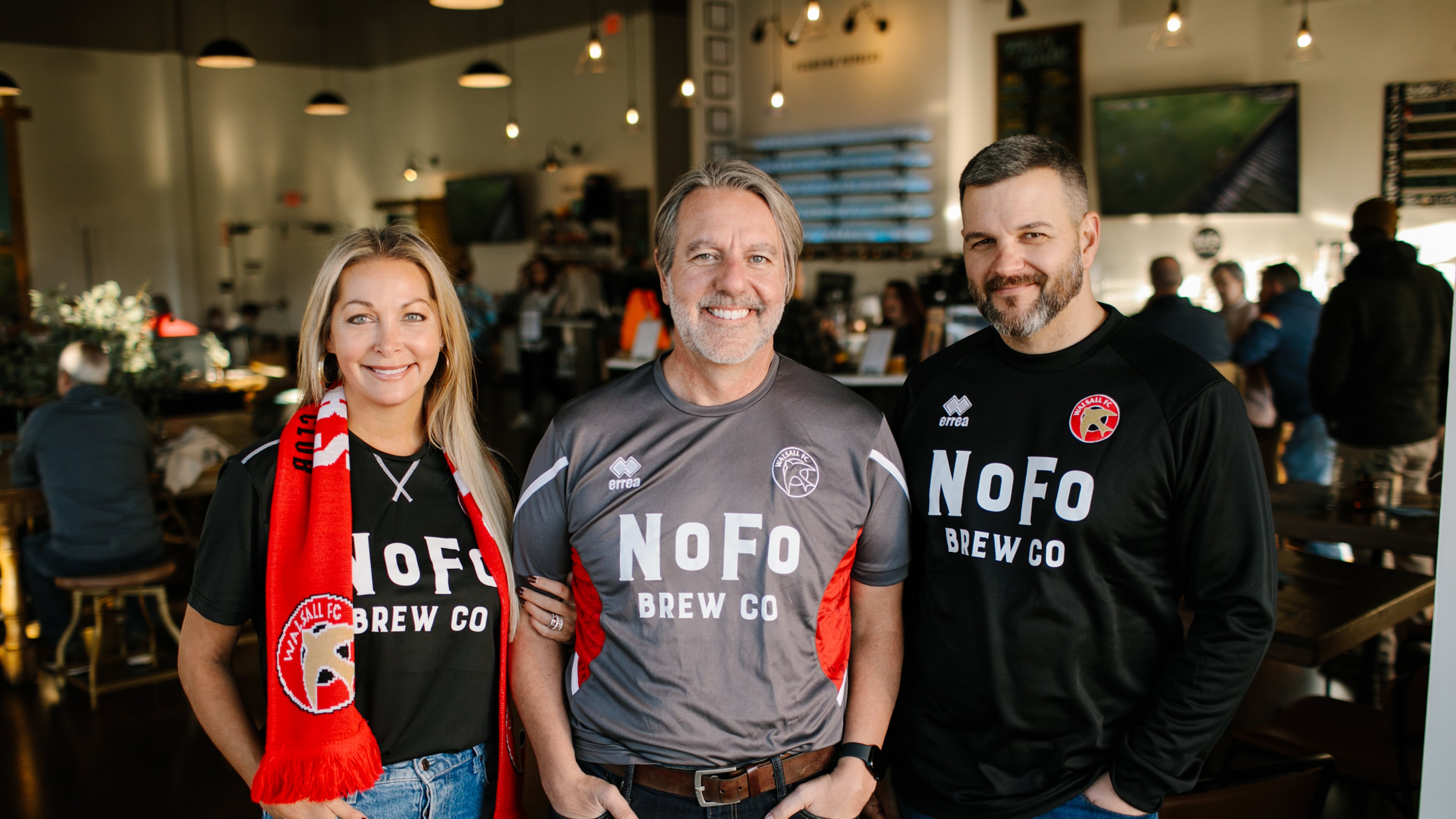 Shannon Miles (from left), Bryan Miles and Joe Garcia are founders of NoFo Brew Co. Shannon and Bryan Miles also are among the owners of the Walsall football club in England. (Courtesy of Andy Brophy)