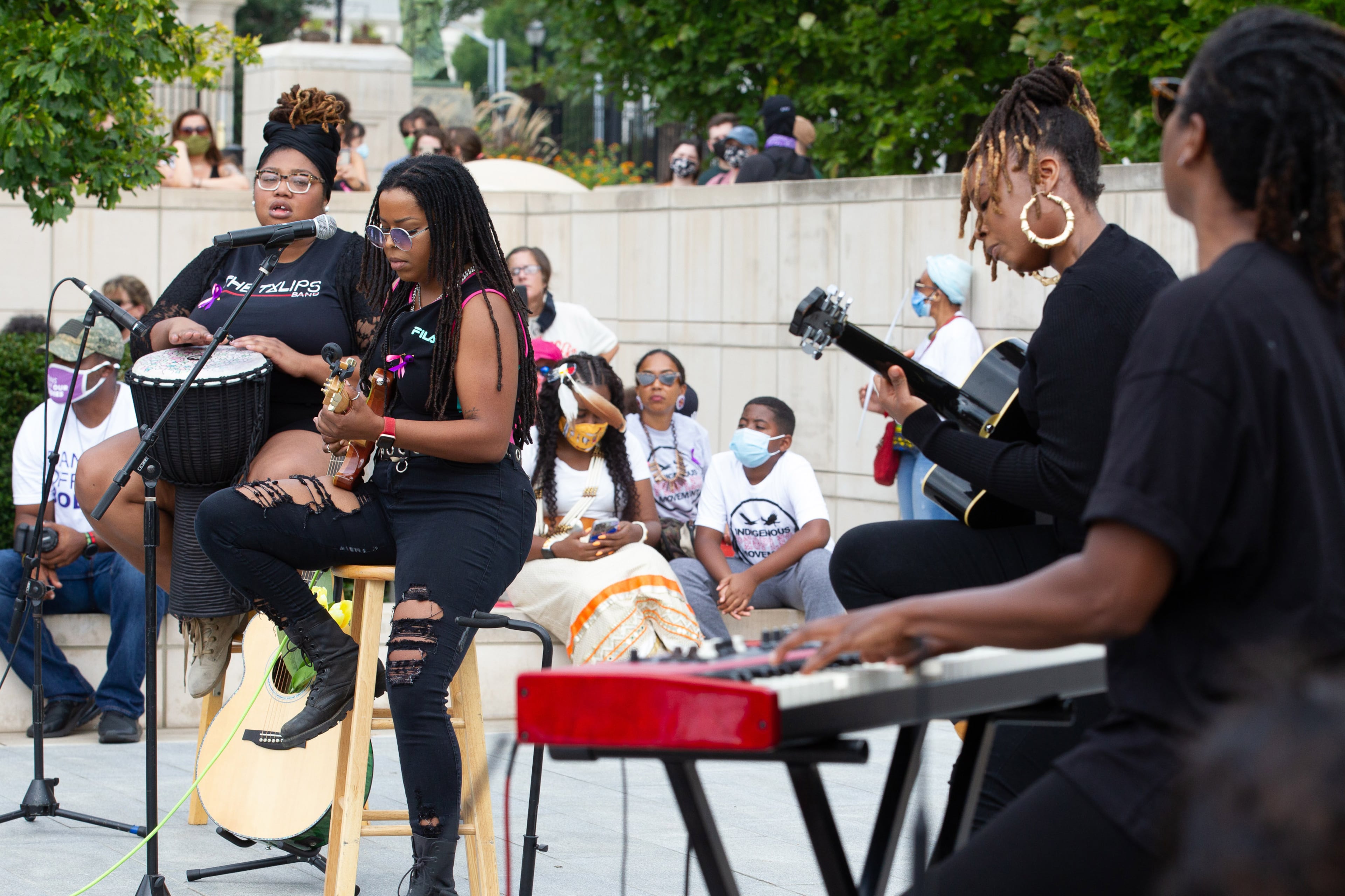 A band performs for the crowd during the Rally & March for Reproductive Justice at Liberty Plaza across from the state Capitol in Atlanta on Saturday, October 2, 2021. The event was part of Women's March rallies across Georgia and the U.S. (Photo: Steve Schaefer for The Atlanta Journal-Constitution)