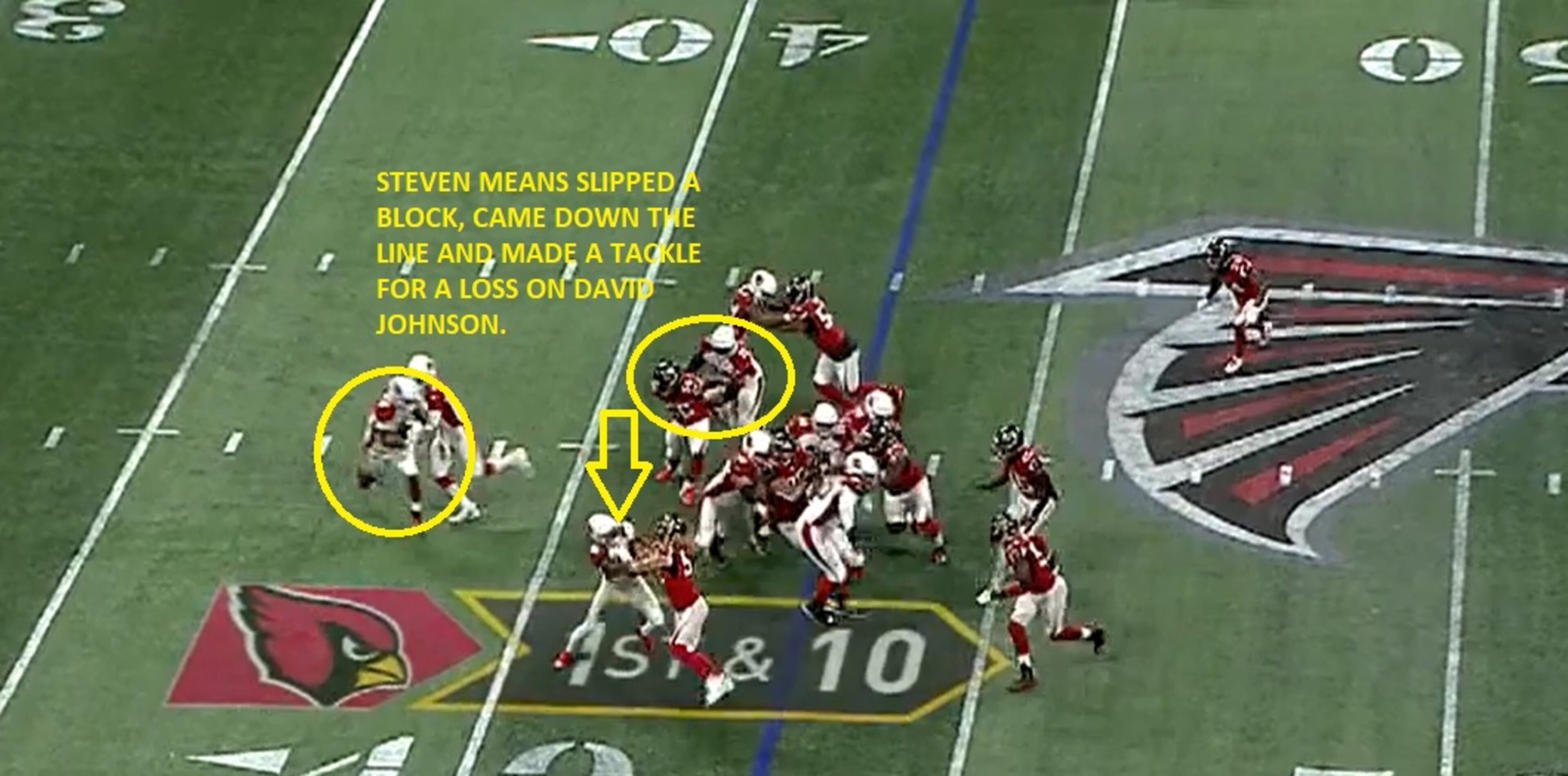 Defensive tackle Steven Means slipped a block and made a tackle for a loss one play before Deion Jones' big interception. The Falcons are taking a good look at Means down the stretch.