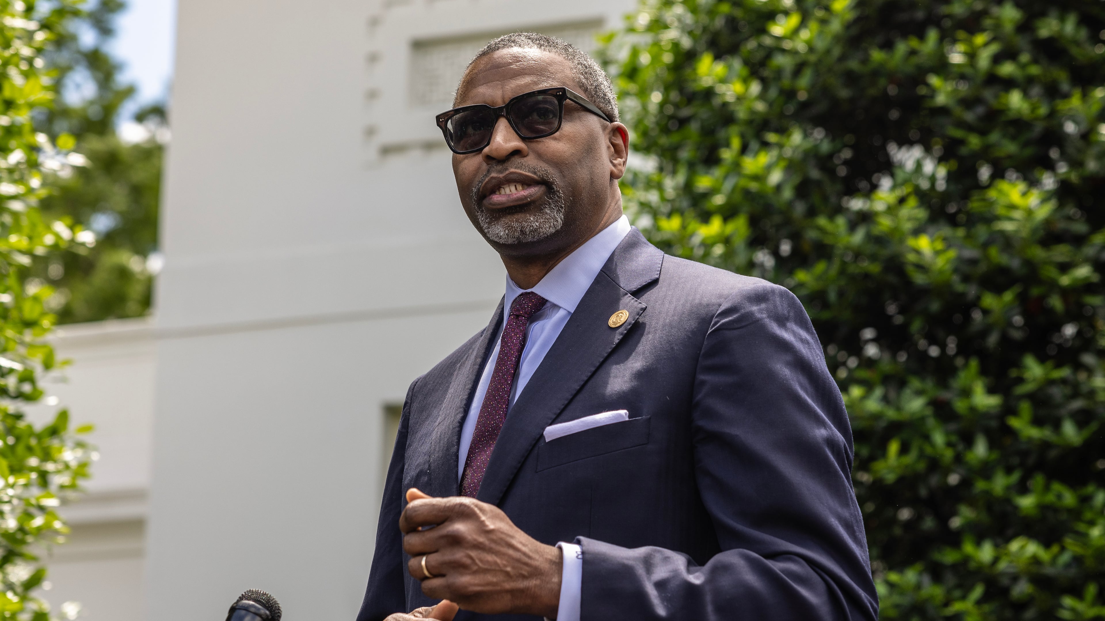 Derrick Johnson, President and CEO of the NAACP, speaks to reporters following a meeting with President Joe Biden at the White House in Washington, May 16, 2024. (Anna Rose Layden/The New York Times)