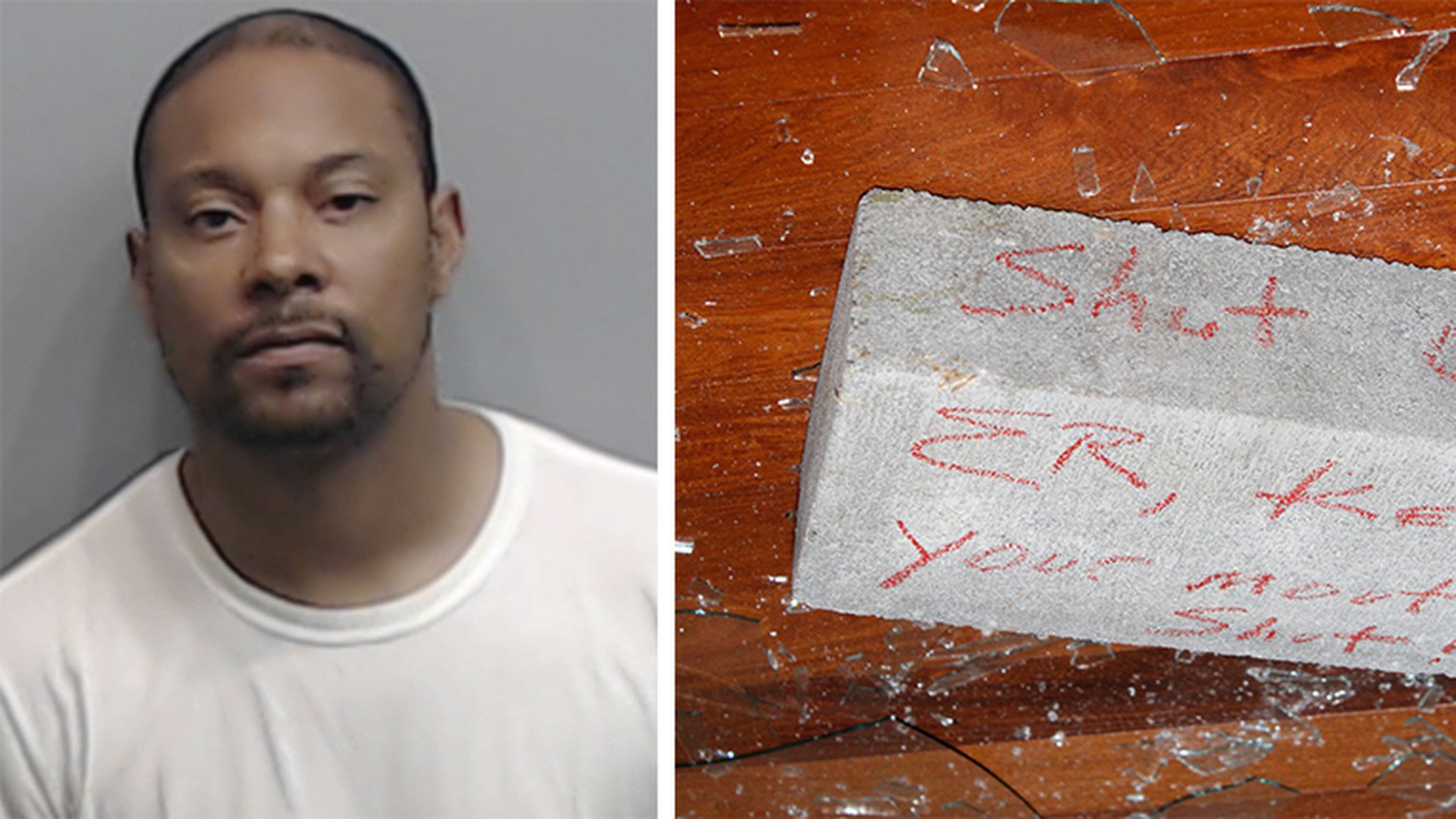 A police mug shot of former city of Atlanta employee Shandarrick Barnes, along with a brick with a threatening message that was thrown through a window of the home of “E.R.” Mitchell Jr. Barnes also is accused of leaving dead rats on Mitchell’s property.