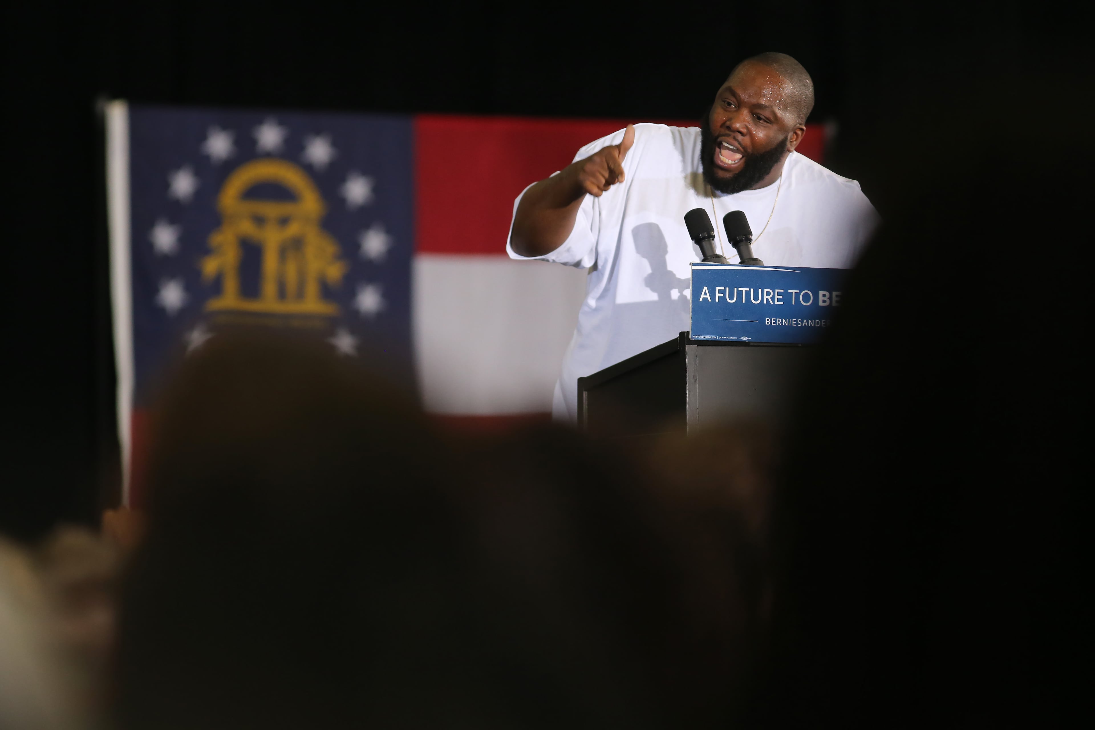 Hip-hop artist Killer Mike fires up the crowd at the Bernie Sanders campaign rally Tuesday evening February 16, 2016 at Morehouse College. Ben Gray / bgray@ajc.com