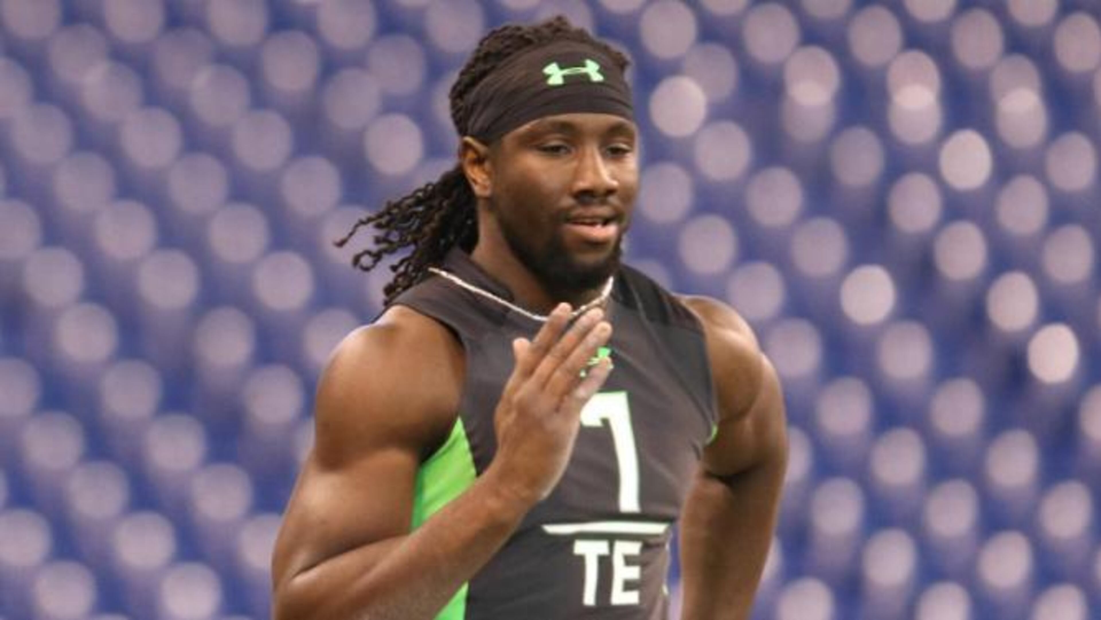 South Carolina State tight end Temarrick Hemingway runs the 40 yard dash at the NFL football scouting combine Saturday, Feb. 27, 2016, in Indianapolis. (AP Photo/Gregory Payan)