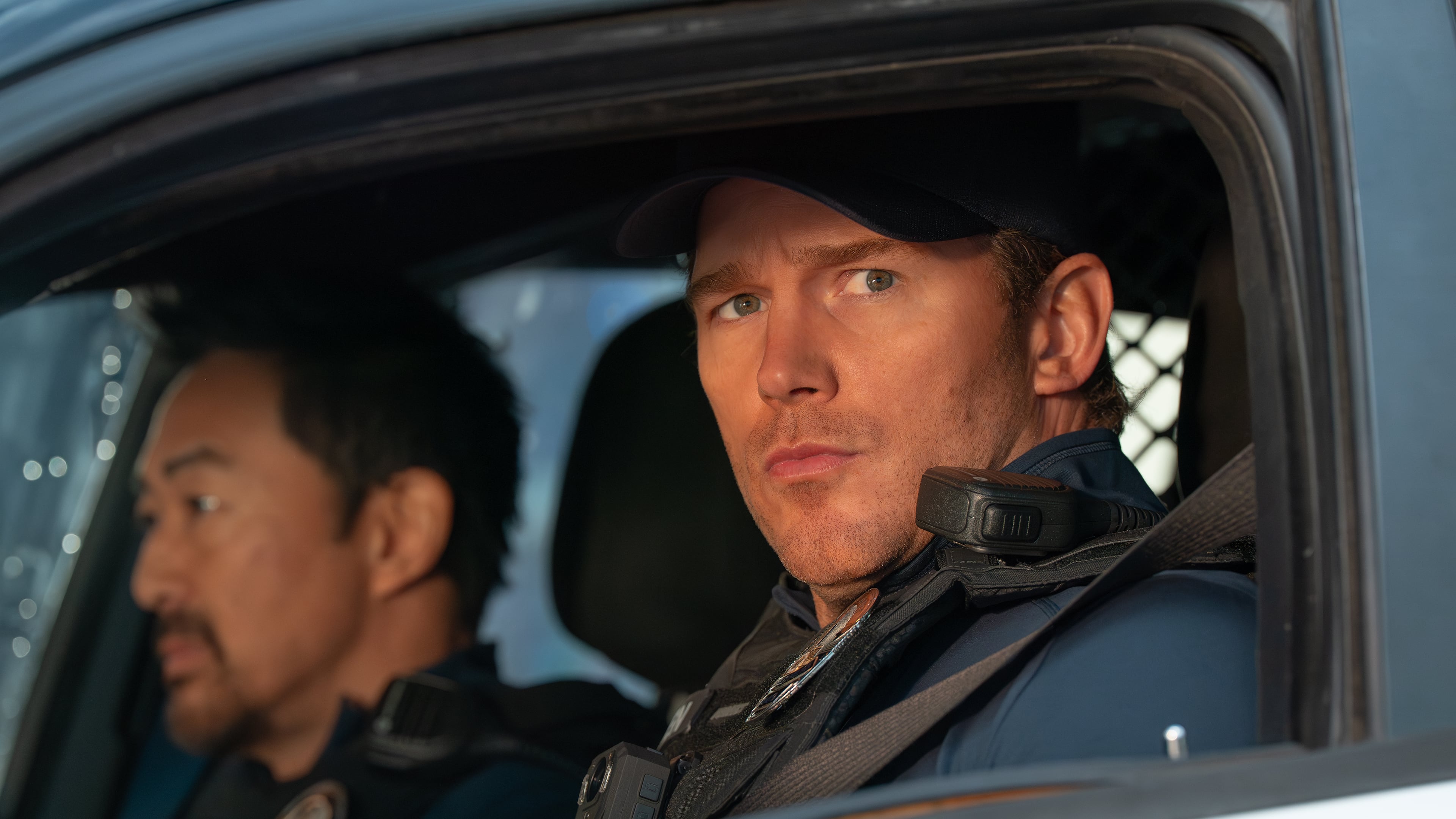 This image released by Amazon MGM Studios shows Kenneth Choi, left, and Chris Pratt in a scene from "Mercy." (Justin Lubin/Amazon MGM Studios via AP)