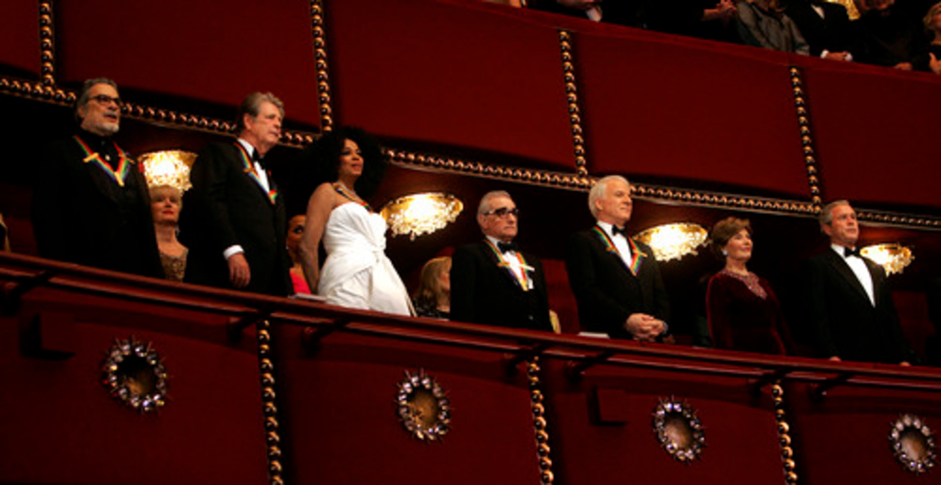 President Bush and first lady Laura Bush stand with Kennedy Center Honorees, (from left) Leon Fleisher, Brian Wilson, Diana Ross, Martin Scorsese and Steve Martin.