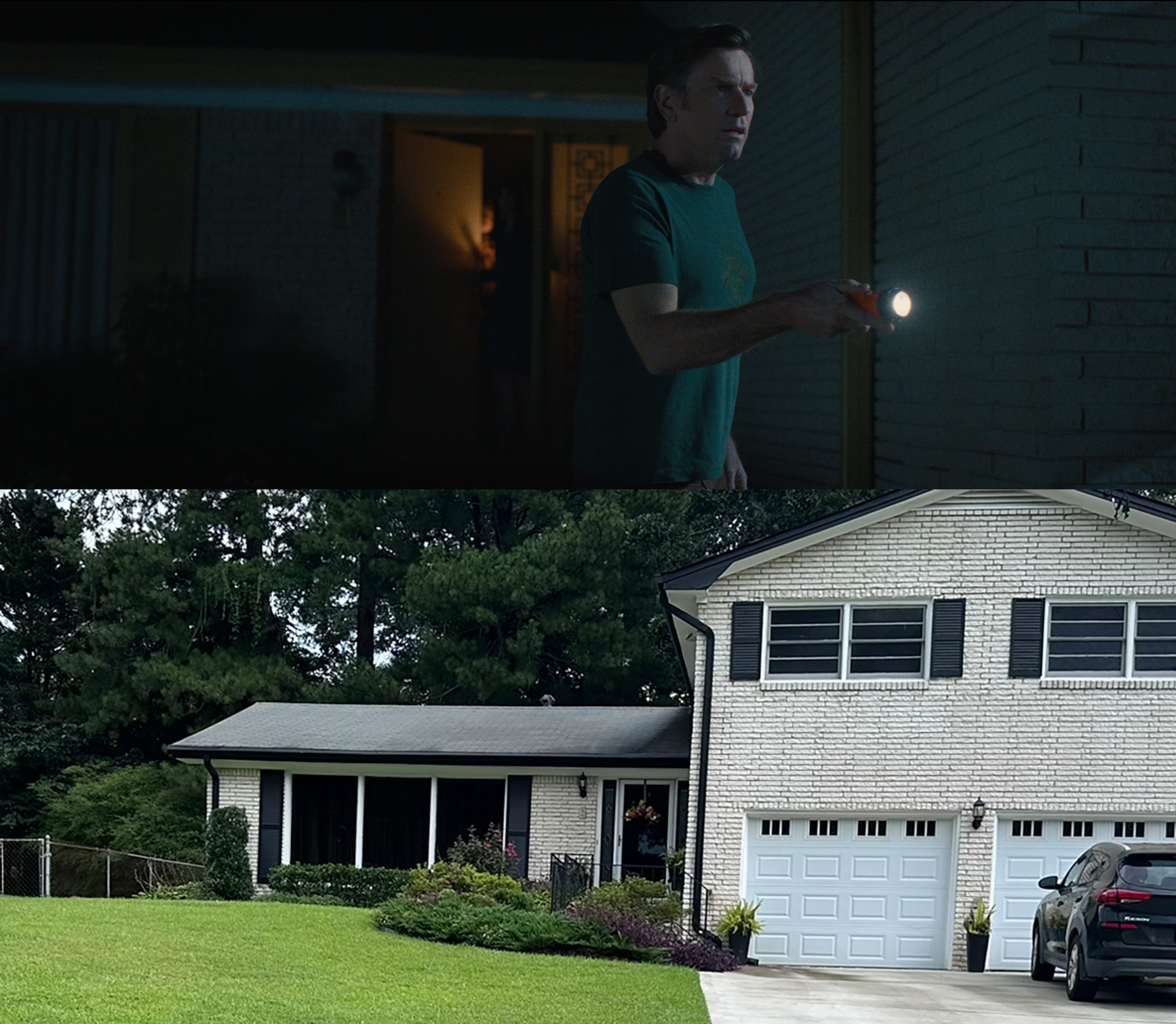 The Platt home featuring Ewan McGregor (above) was on Wisteria Lane in Wisteria Gardens in Southwest Atlanta in the film "The End of Oak Street" out Aug. 14, 2026. (Credit: Top, Courtesy of Warner Brothers, bottom, Rodney Ho/AJC)