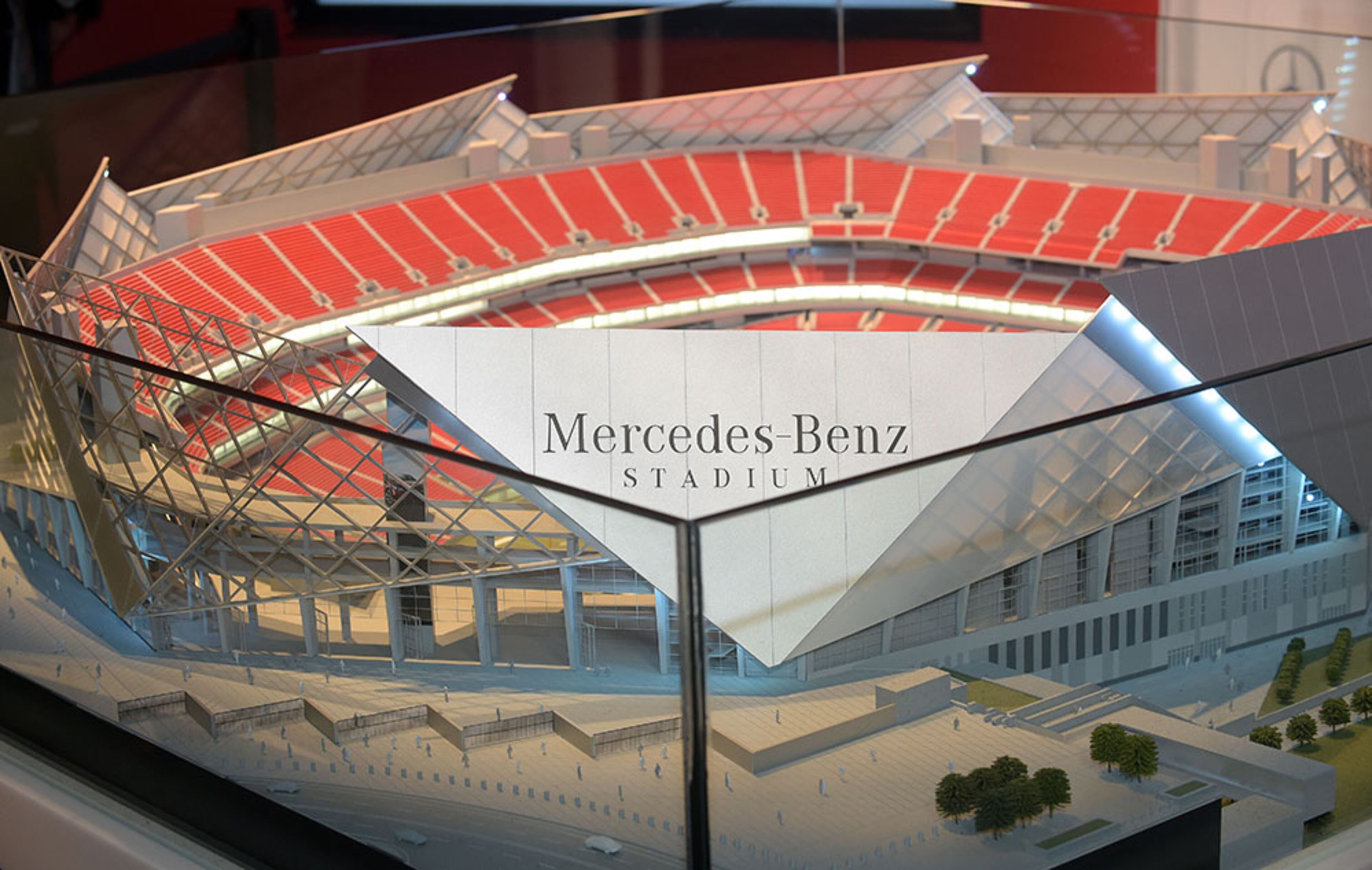 The Mercedes-Benz name appears on a mockup of the Falcons' new stadium in downtown Atlanta.
