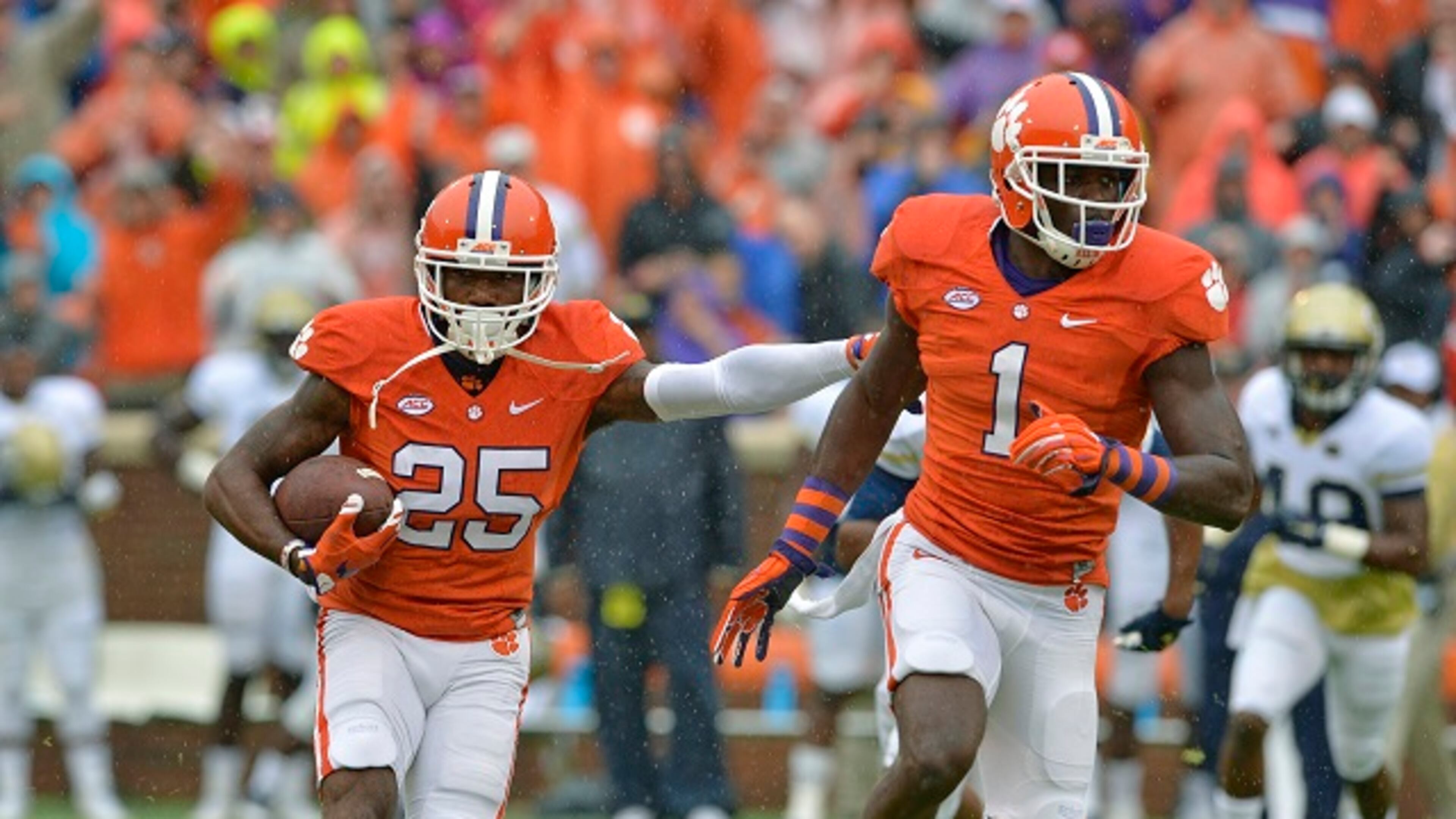 Clemson’s Cordrea Tankersley (25) gets blocking help from Jayron Kearse while running back an interception during the first half of an NCAA college football game against Georgia Tech Saturday, Oct. 10, 2015, in Clemson, S.C. (AP Photo/Richard Shiro)