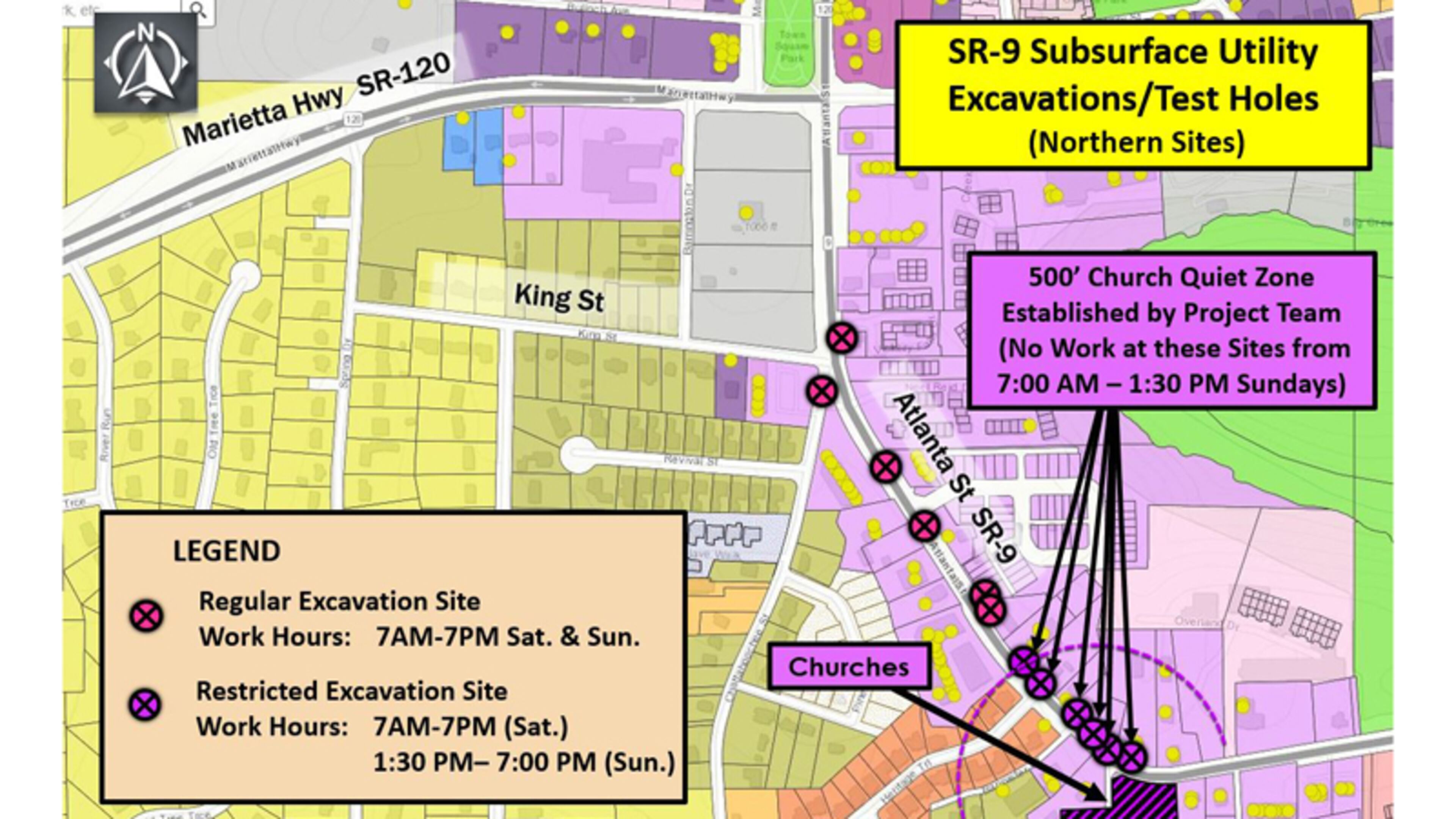 Map depicts the northern end of weekend lane closures planned for Atlanta Road (Ga. 9) in Roswell. Not shown are additional closures to the south, to the Chattahoochee River. CITY OF ROSWELL