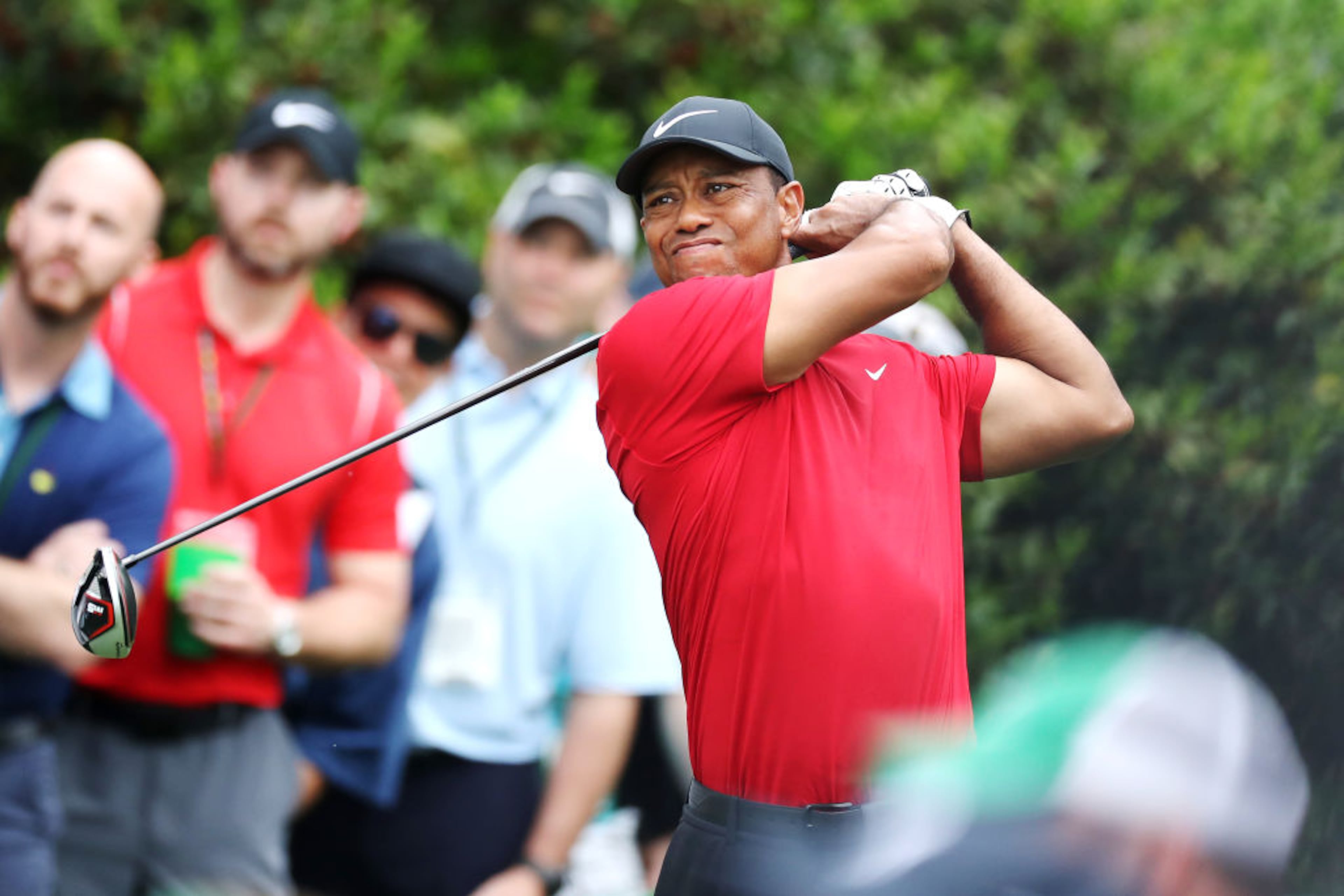 AUGUSTA, GEORGIA - APRIL 14: Tiger Woods of the United States plays a shot from the 15th tee during the final round of the Masters at Augusta National Golf Club on April 14, 2019 in Augusta, Georgia. (Photo by David Cannon/Getty Images)