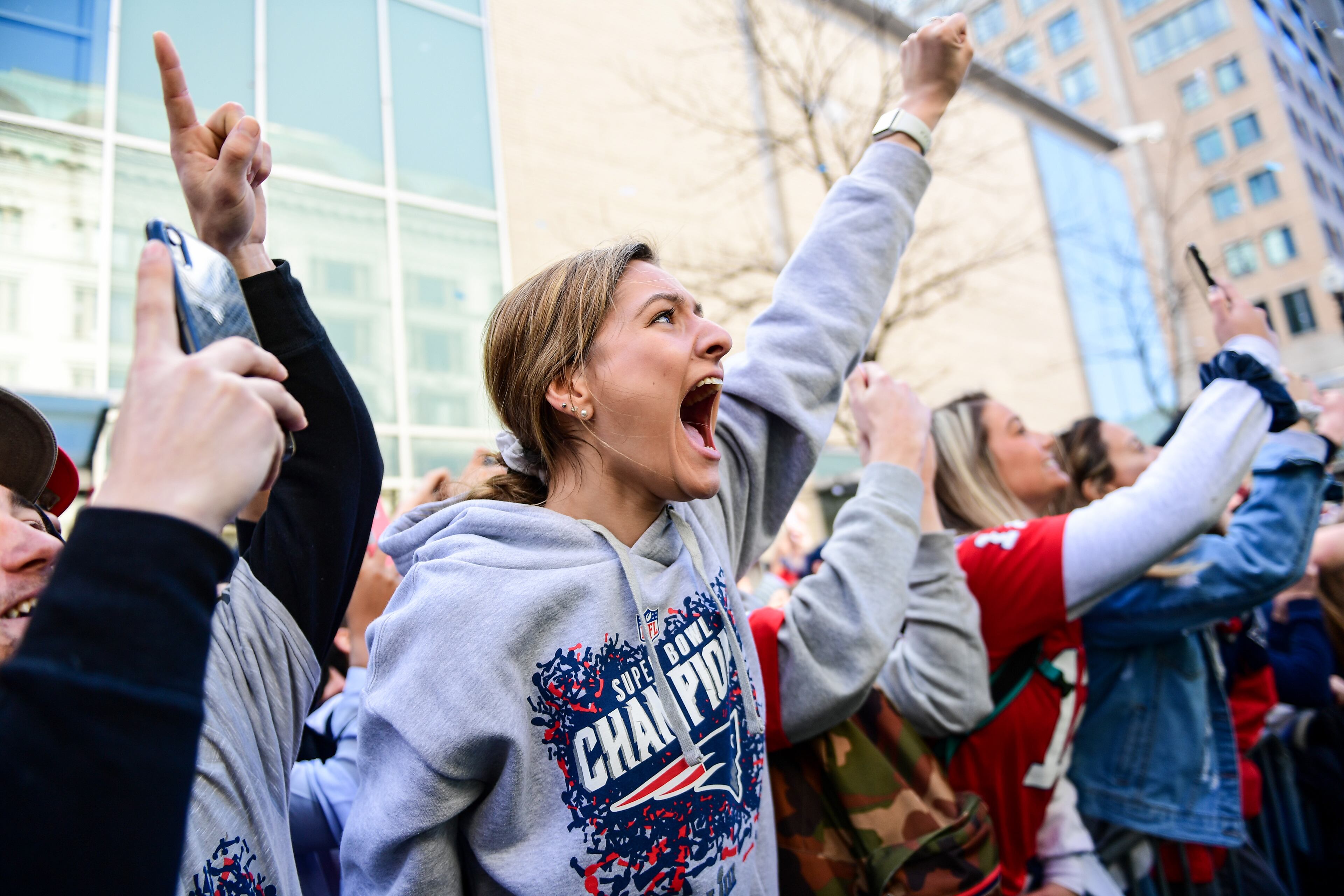 BOSTON, MASSACHUSETTS - FEBRUARY 05: Fans react during the New England Patriots Super Bowl Victory Parade on February 05, 2019 in Boston, Massachusetts. (Photo by Billie Weiss/Getty Images)