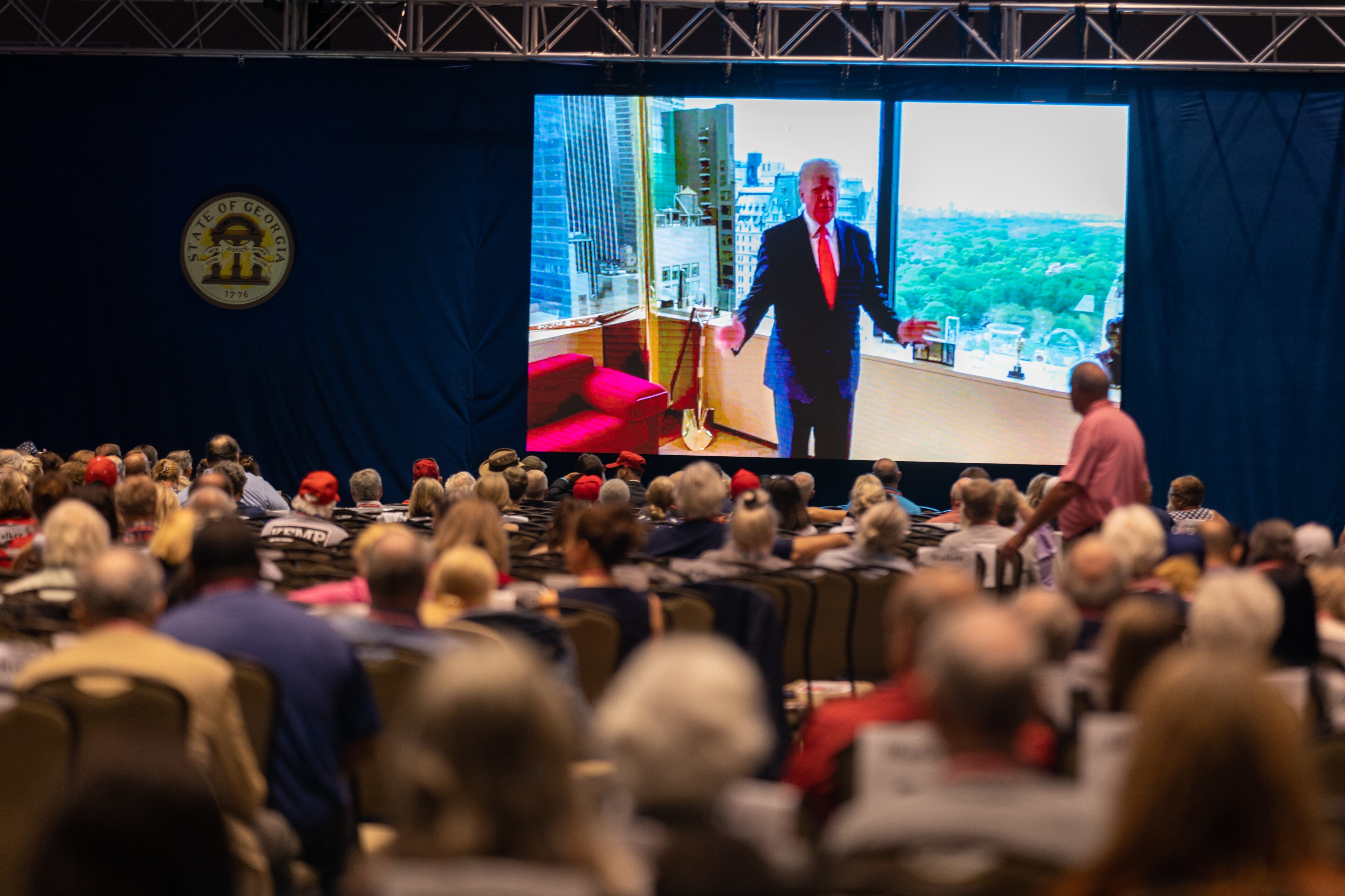 Former President Donald Trump addresses, virtually, the Georgia GOP convention at Jekyll Island on Saturday, June 5, 2021. (Photo: Nathan Posner for The Atlanta-Journal-Constitution)