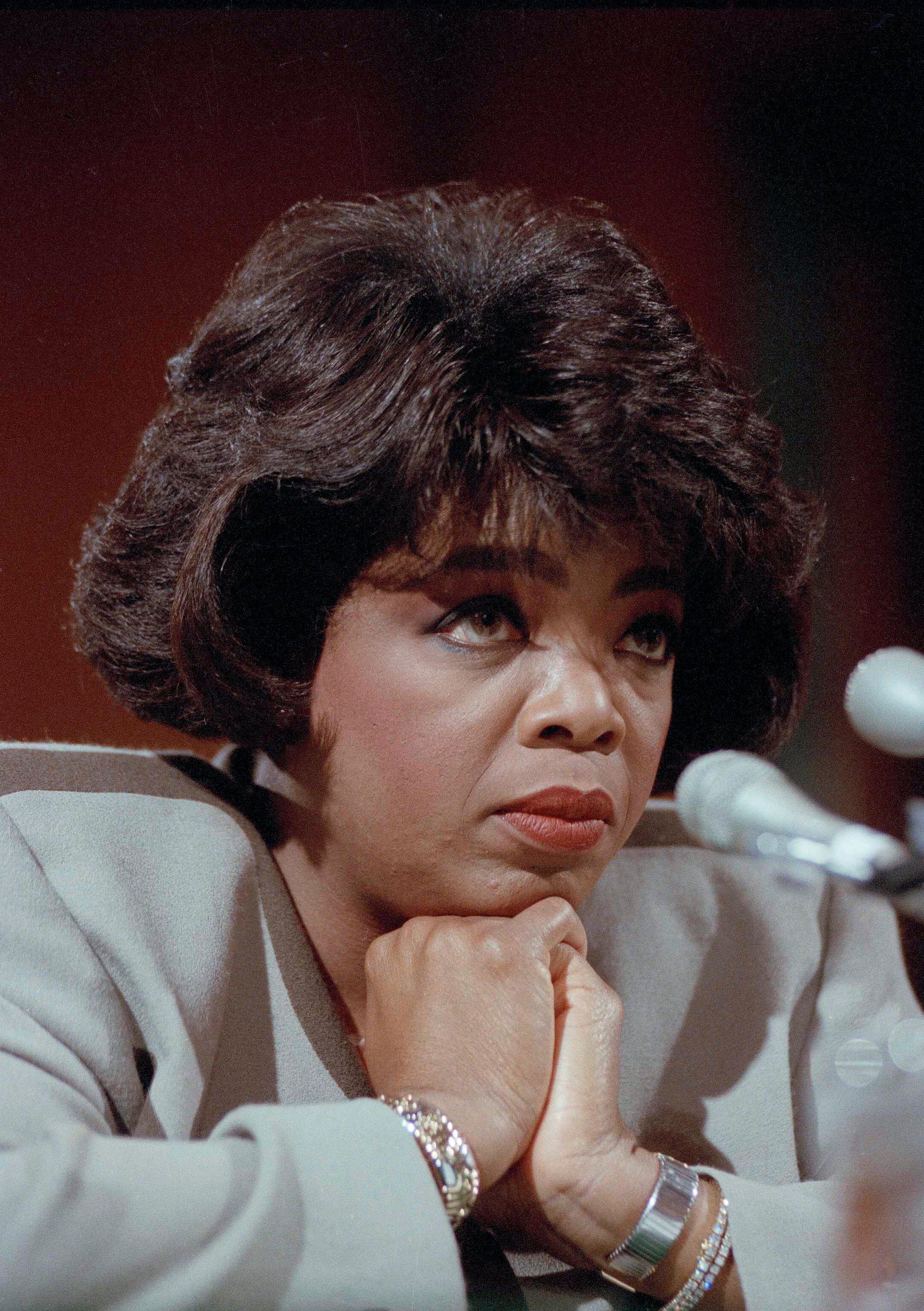 Television personality, Oprah Winfrey, testifies on Capitol Hill, Nov. 12, 1991, before the Senate Judiciary Committee which was holding hearings on legislation that would provide for criminal background checks for childcare workers. (AP Photo/John Duricka)