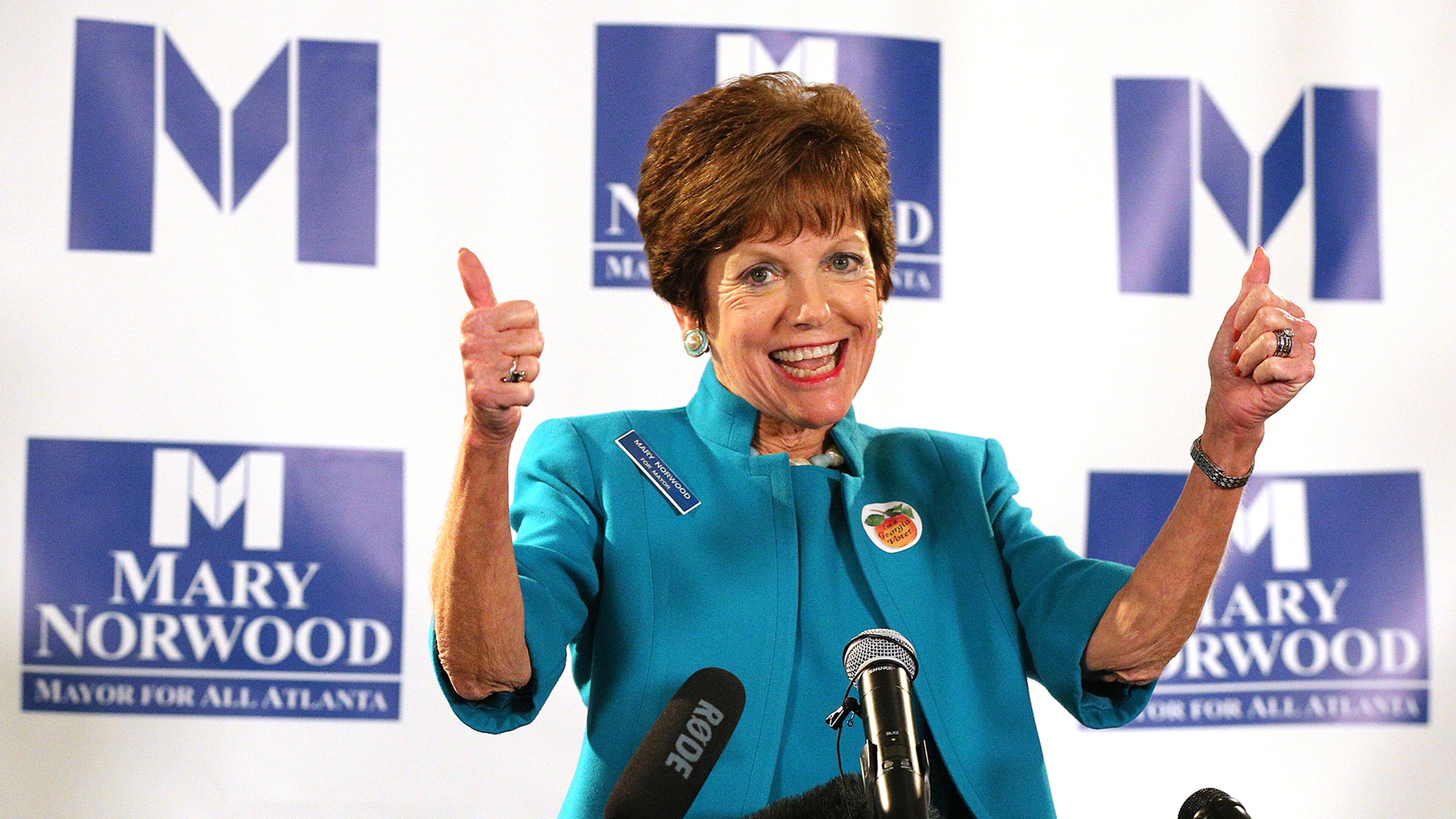 Mary Norwood, candidate for mayor, gives supporters a double thumbs up on election night. Curtis Compton/ccompton@ajc.com