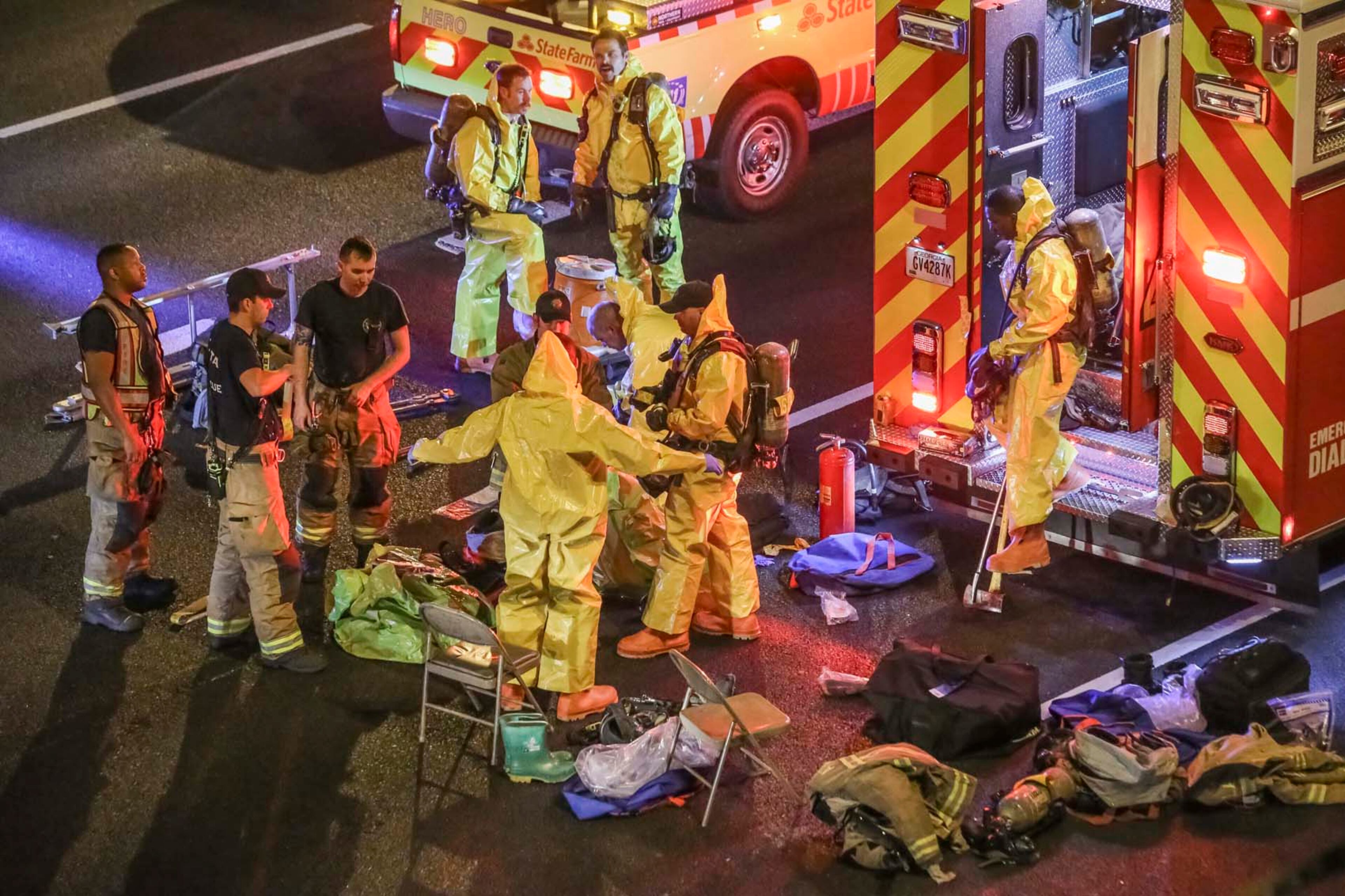 April 17, 2017 Atlanta: Barely two weeks after the I-85 fire and bridge collapse, metro Atlanta woke up Monday, April 17, 2017 to another traffic nightmare: a chemical spill on the Downtown Connector that blocked both sides of the interstate for hours. The traffic mess started just before 3 a.m., after a tractor-trailer hauling up to 250 gallons of benzoyl chloride and 50 gallons of diesel fuel overturned in a crash with a SUV. Benzoyl chloride, an industrial chemical used for dyes, can be toxic if inhaled and cause burns to the skin and eyes. Atlanta police closed northbound and southbound lanes of the Downtown Connector, and a hazardous materials crew responded to the scene.  Northbound traffic was forced off the interstate at Spring Street, and southbound drivers were forced off at 17th Street. Delays on side streets and I-285, a popular alternate since the I-85 fire and bridge collapse, built quickly. Original warnings from authorities were grim. Officials predicted the connector â a major artery that cuts through the heart of Atlanta â would be closed for at least six hours. Georgia State University delayed the start of classes on its downtown campus until 10 a.m. However, southbound lanes reopened about 6:30 a.m. About an hour later, officials towed the tractor-trailer to a right emergency lane, reopening northbound lanes, too. Authorities still do not know what caused the crash or why the truck was on the connector. According to state law, trucks with hazardous materials are only allowed to use it for pick up or delivery to or from a shipper based inside I-285; going to or from the carrierâs terminal inside the Perimeter; going to or from repair facility; or if a driver is going to or from a residence inside the Perimeter. According to Channel 2 Action News, two people were treated on the scene after the crash.  JOHN SPINK /JSPINK@AJC.COM