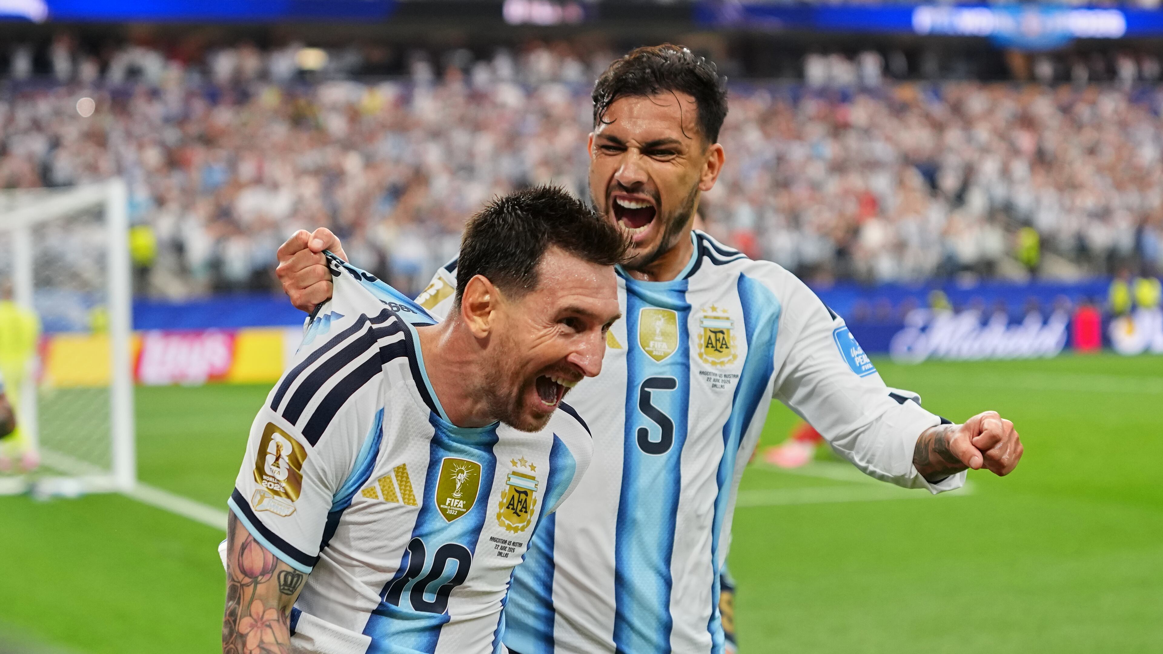 Argentina's Lionel Messi, center, celebrates after scoring his side's second goal during the World Cup Group J soccer match between Argentina and Austria in Arlington, Texas, near Dallas, Monday, June 22, 2026. (AP Photo/Julio Cortez)