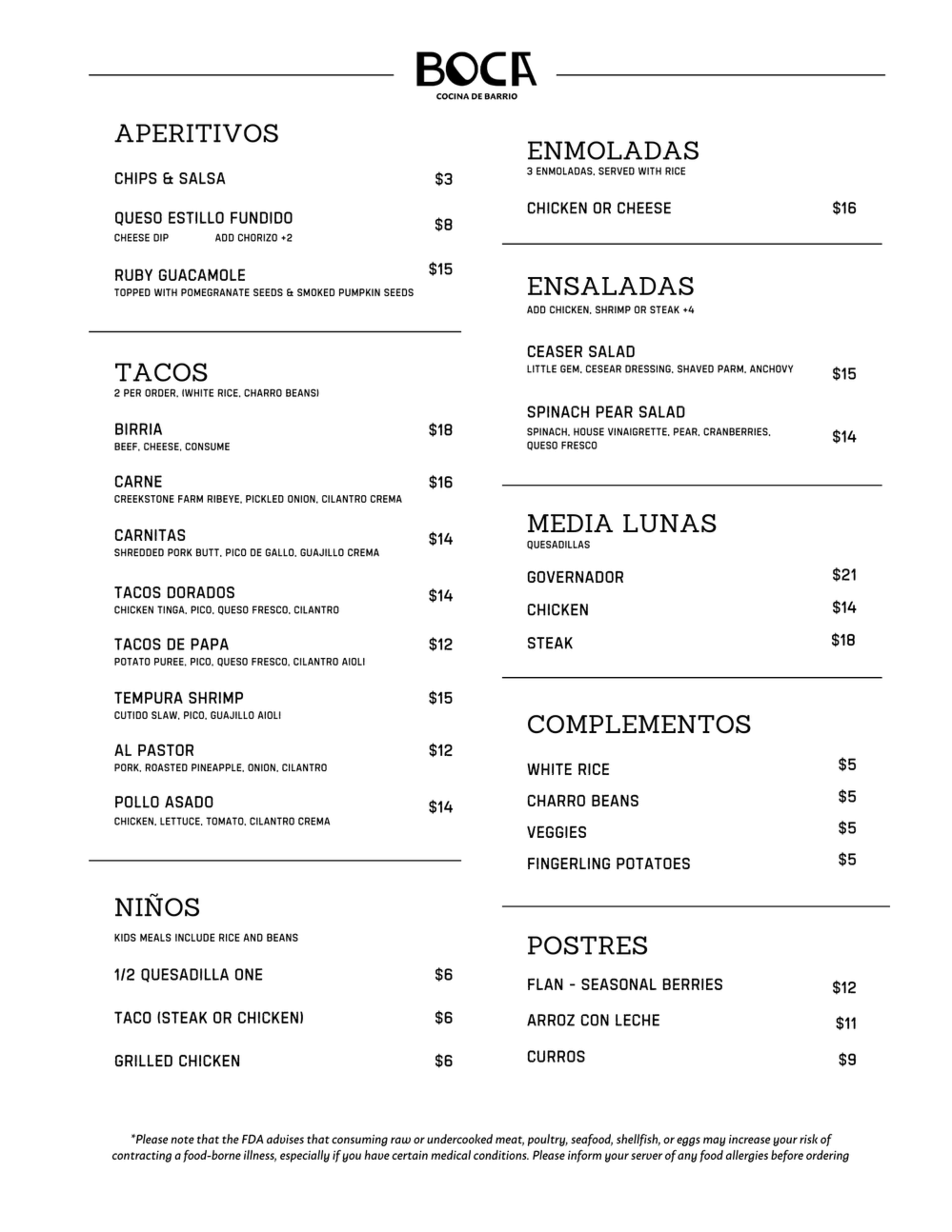 Boca menu