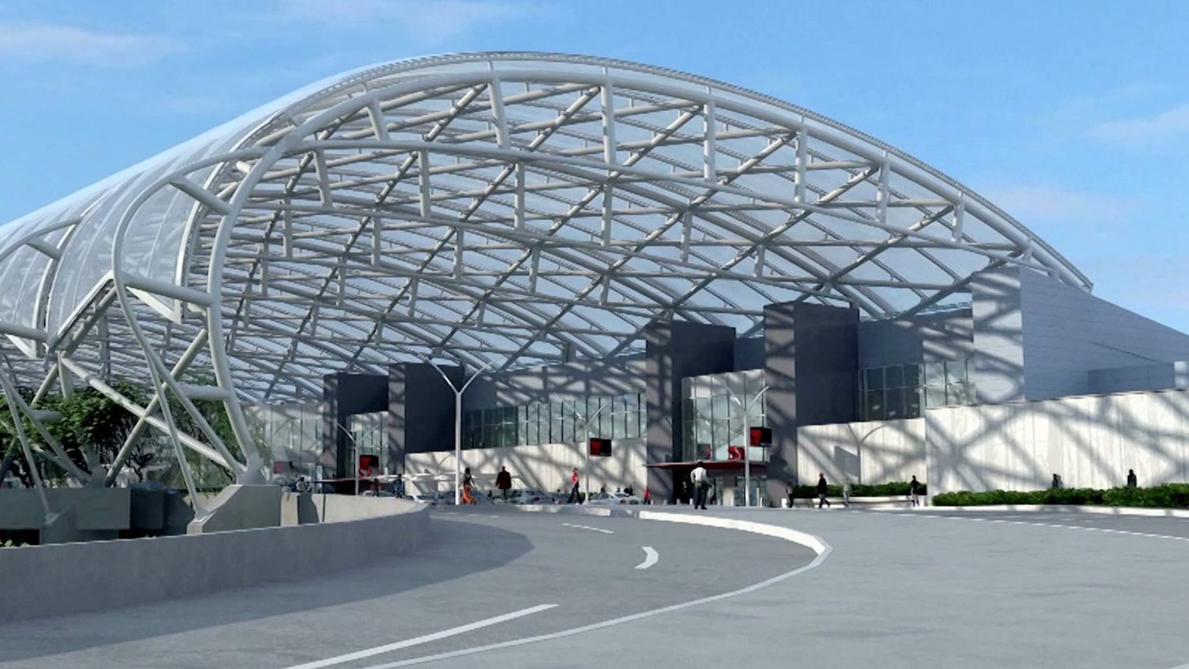 Rendering of curbside canopies to be built at Hartsfield-Jackson International Airport. The complexity of the design requires deep support pillars and other work that has driven up the initial cost estimate by more than 60 percent.