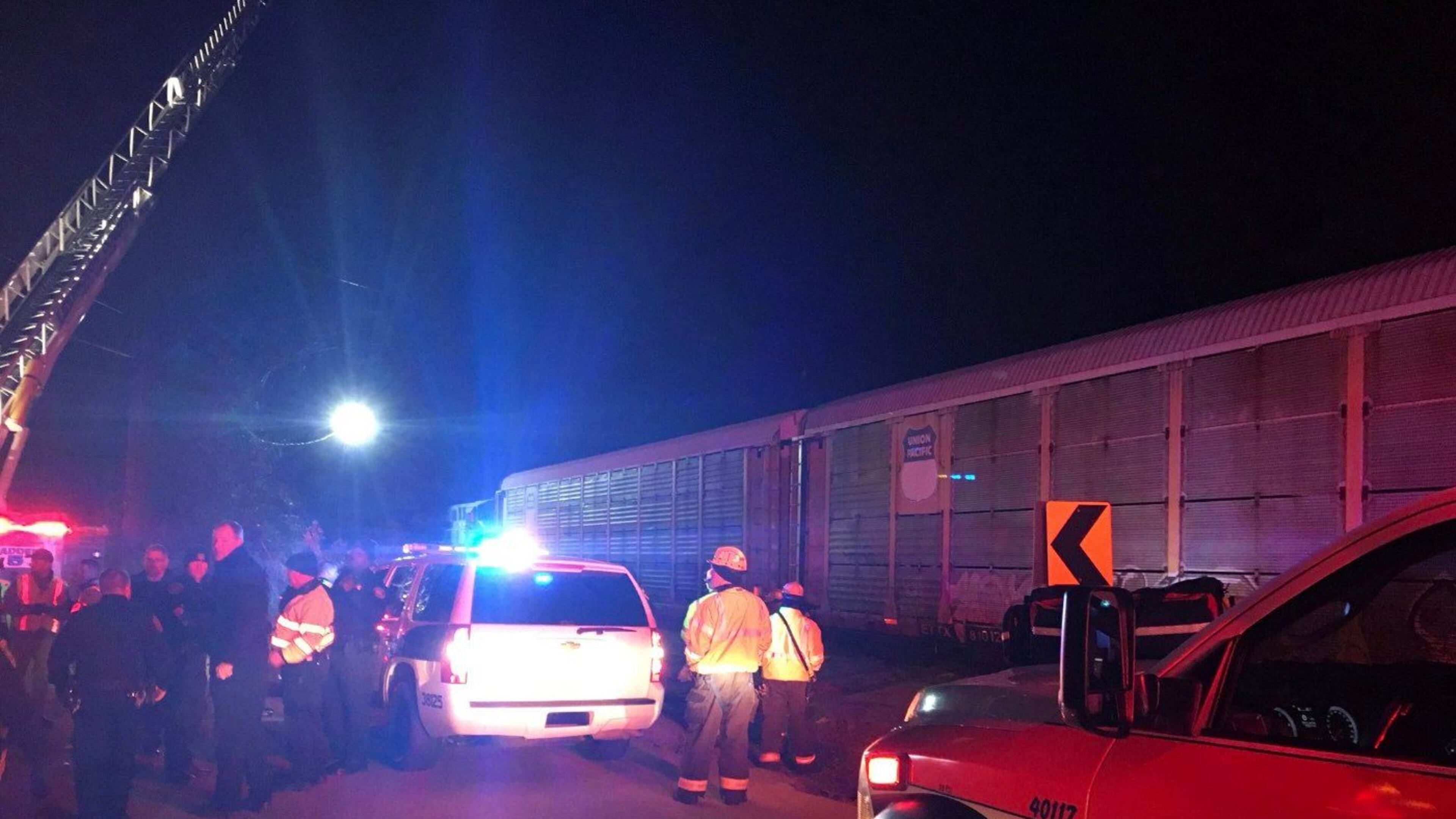 Two Amtrak employees were killed and dozens of passengers were injured early Sunday morning in a train crash near West Columbia, S.C. Photo provided by the Lexington County Sheriff’s Department.